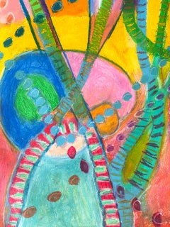 Peacock, St Tropez, France, Abstract Mixed Media Painting on Paper, 24x18in