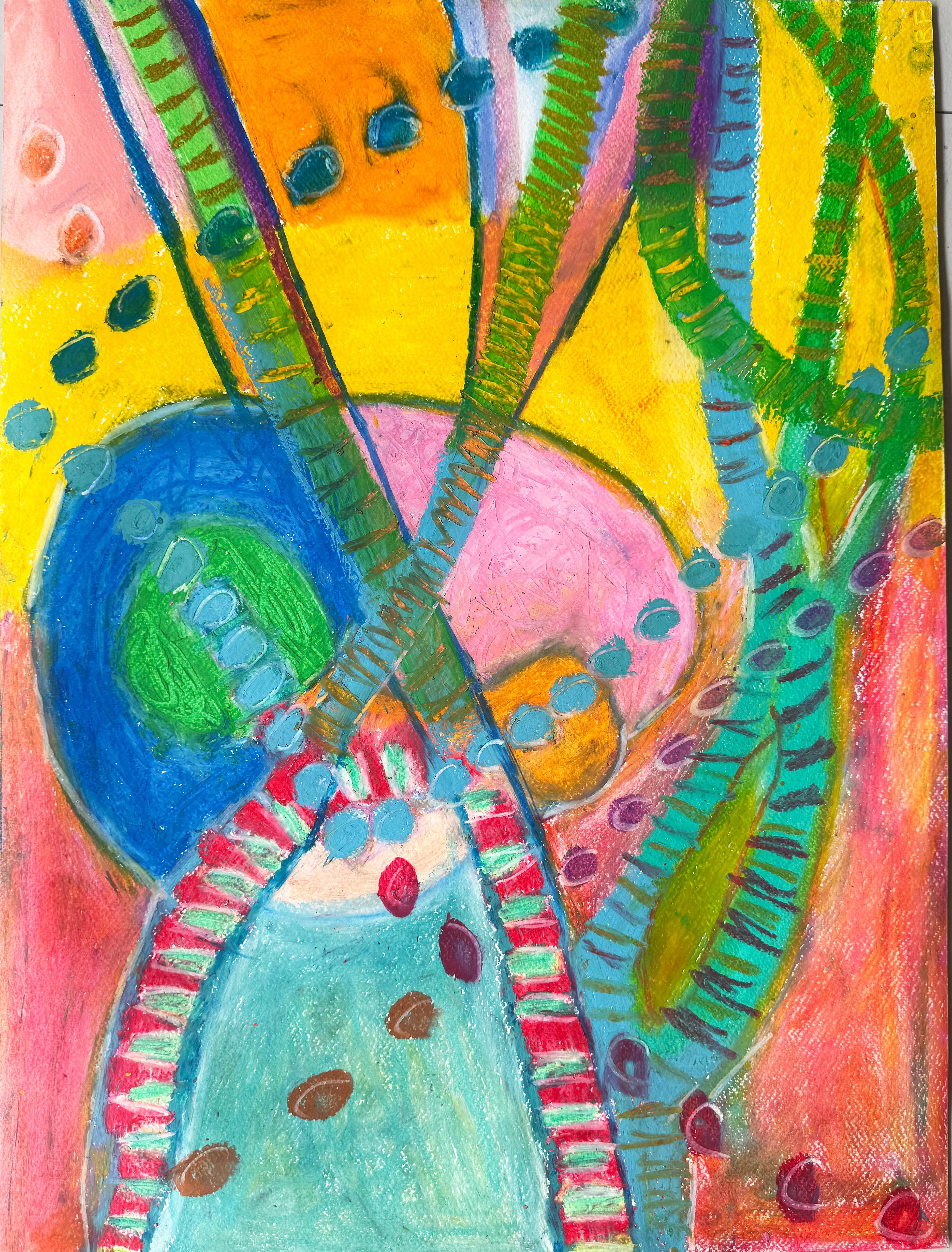 Pfau, Saint Tropez, Abstraktes Gemälde in Mischtechnik auf Rag Papier, 24x18in, 2025 – Mixed Media Art von a.muse