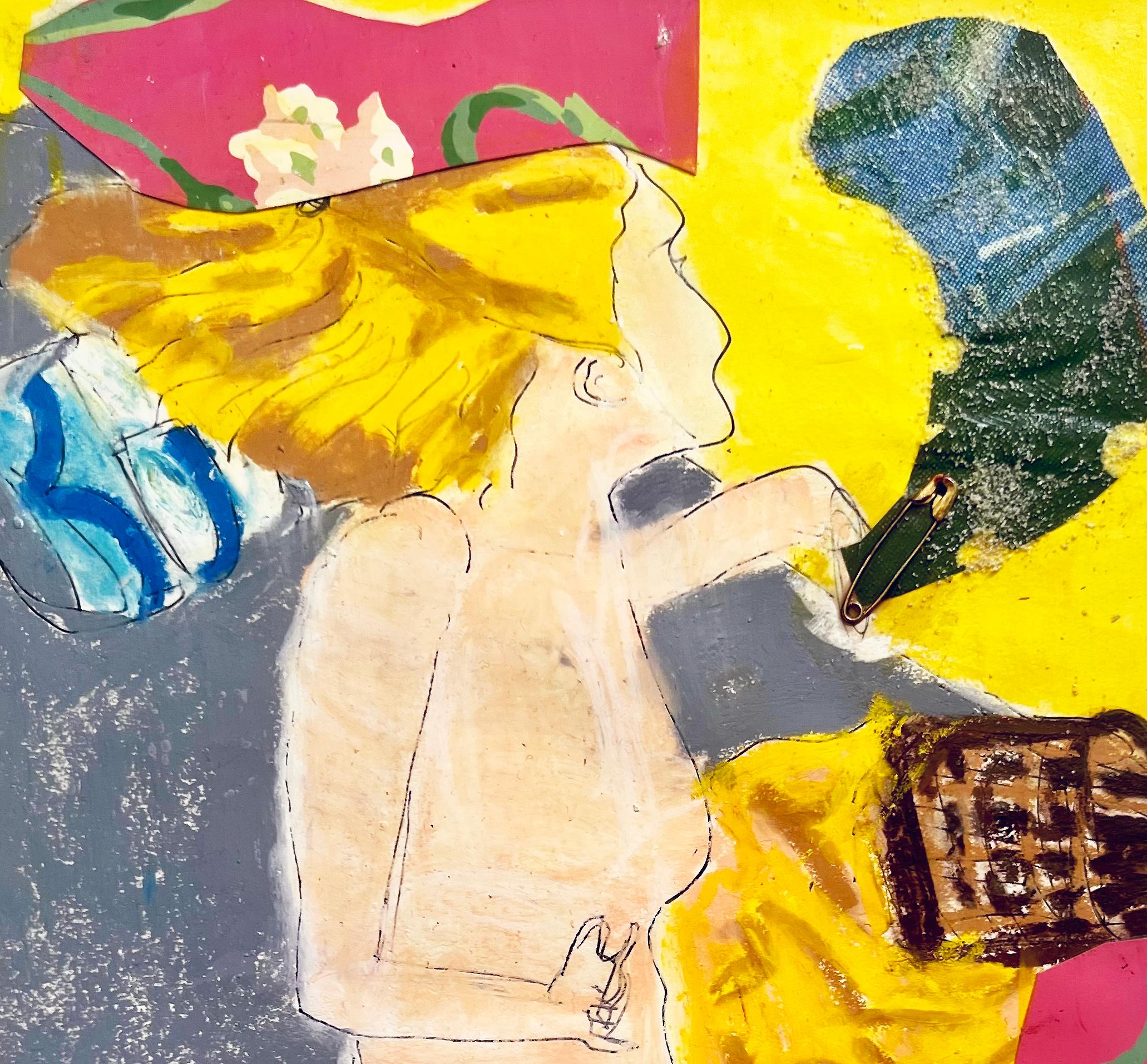 Yellow Hair, Collage Art on Paper - Contemporary Painting by a.muse