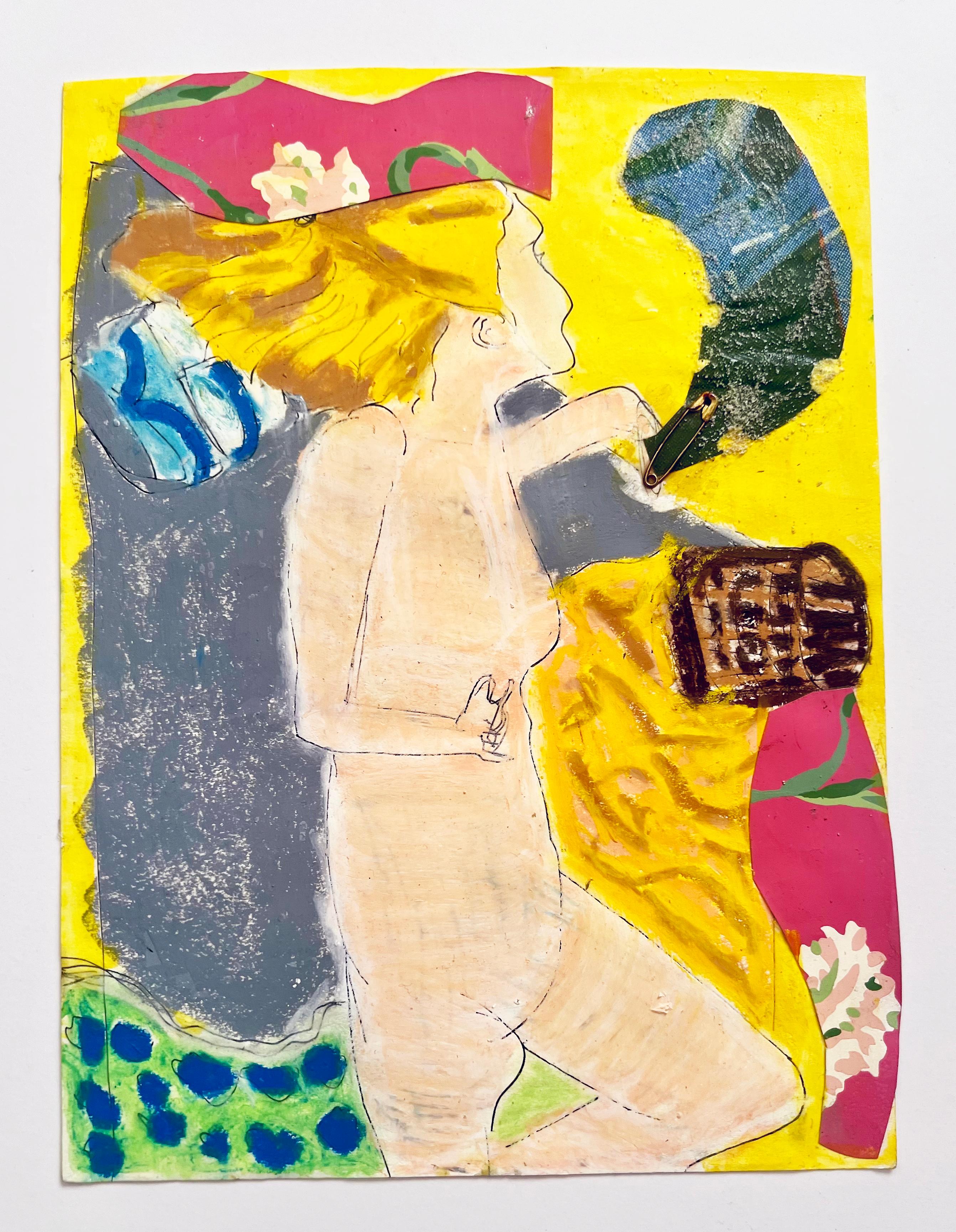 a.muse Nude Painting – Gelbes Haar, Collage-Kunst auf Papier