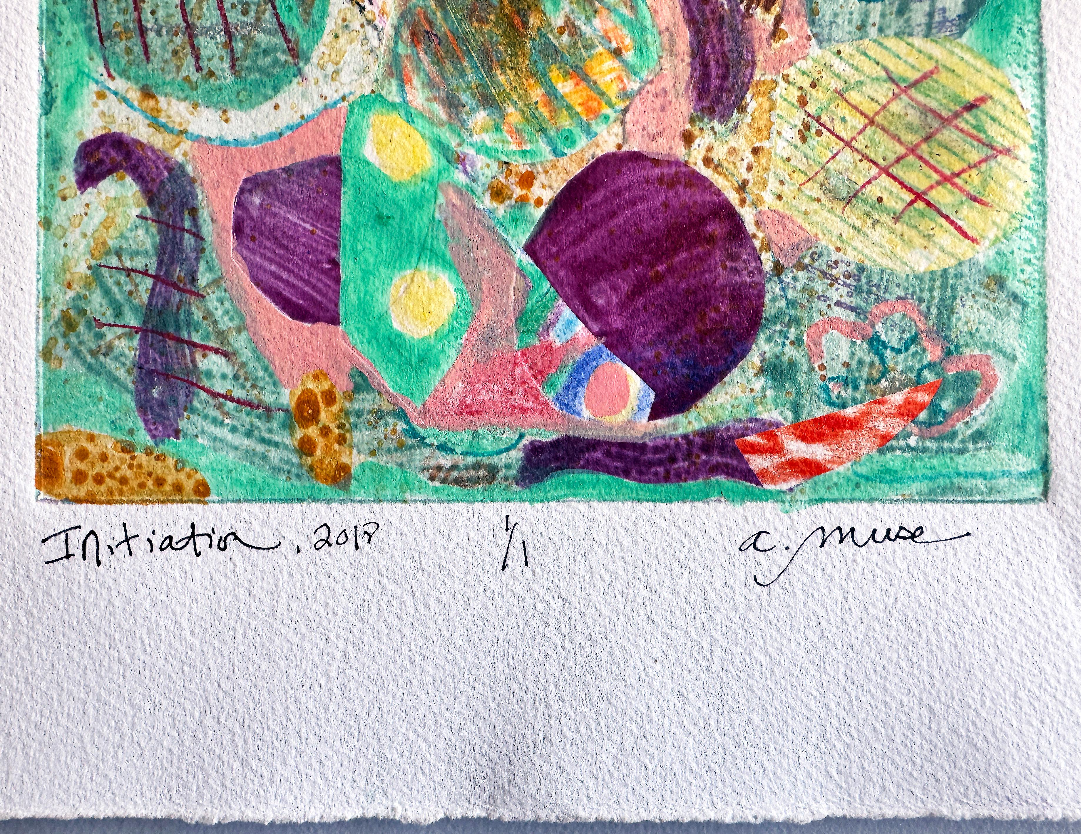 De la serie de grabados originales de Arte y Diseño del artista, Iniciación, 2018 de a.muse es una obra única semiabstracta sobre papel de acuarela. El monotipo multicolor fue tirado a mano en una prensa de grabado por el artista.

Iniciación