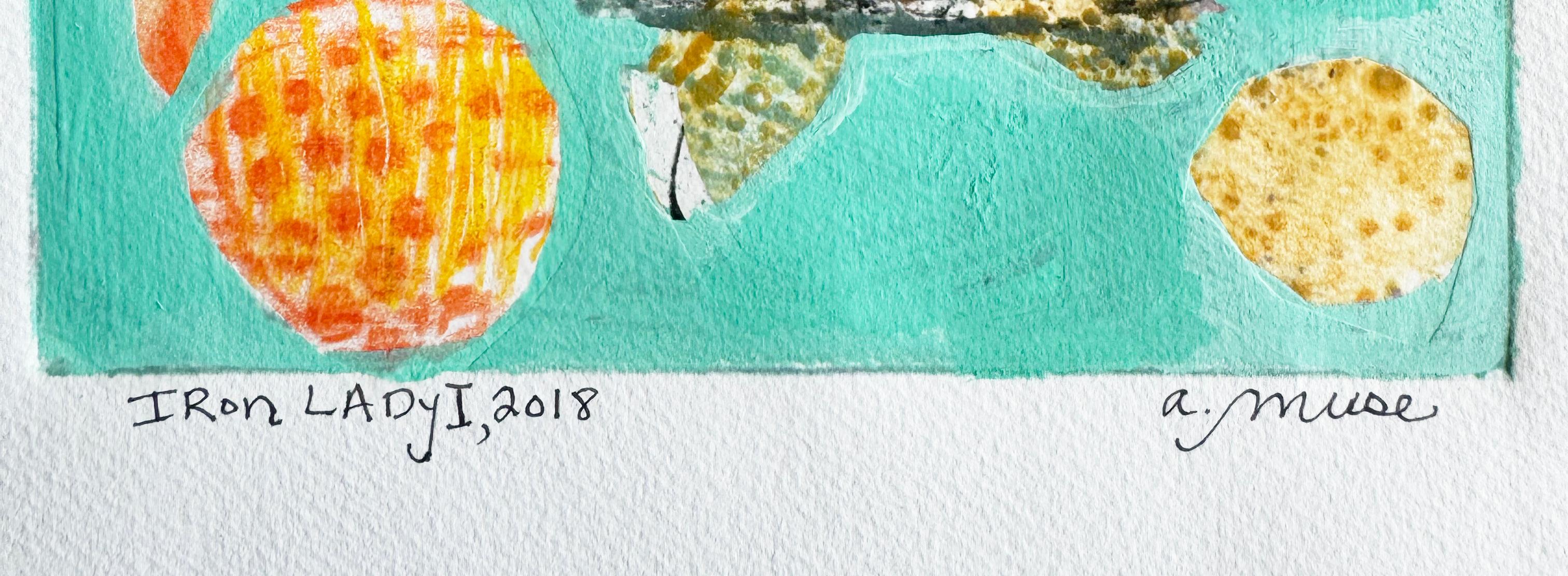 De la serie de grabados Arte y Diseño del artista, Dama de hierro I, 2018 de a.muse es una obra única sobre papel. El artista utiliza tinta y pasteles al óleo para obtener ricos matices, colores vibrantes para una visión abstracta que capta