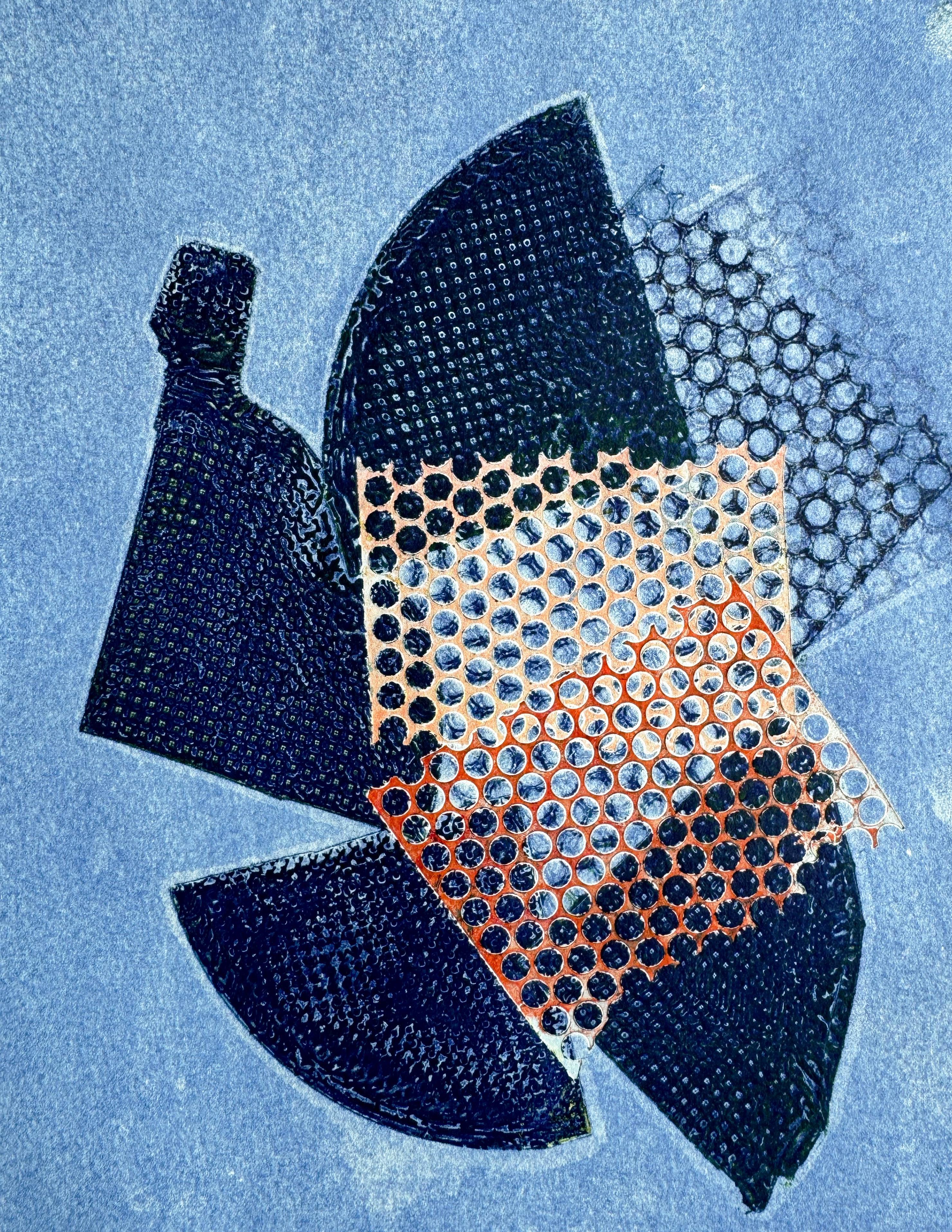 Überlappende Ji, farbenfroher abstrakter, einzigartiger Monotypie-Druck (Blau), Abstract Print, von a.muse