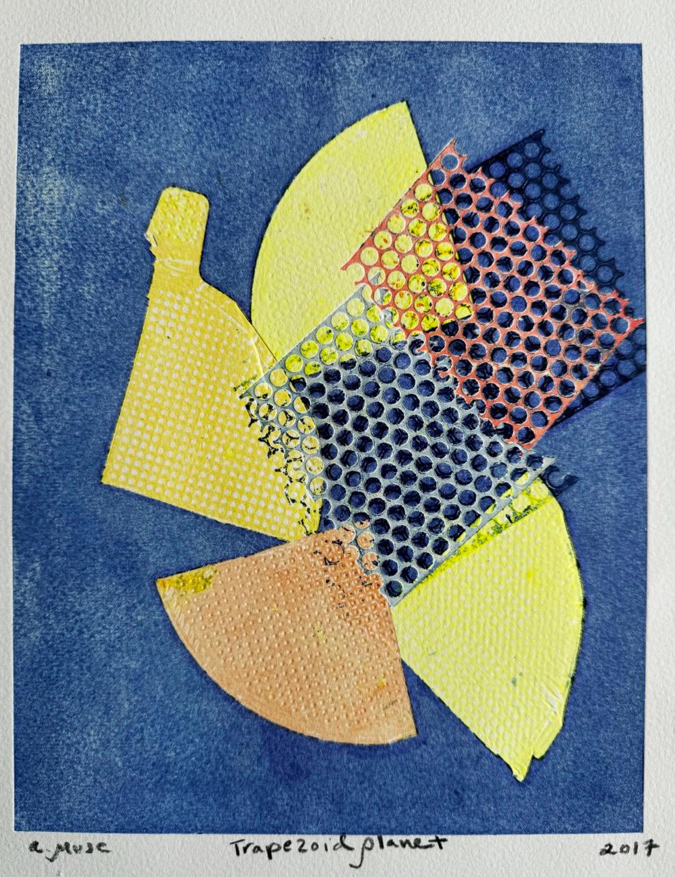 The work on paper by a.muse is a study in negative and positive space. Bold colors and geometric shapes float weightlessly in space in an imaginary constellation.

The viscosity inked monotype was hand-pulled by the artist on an etching press. In