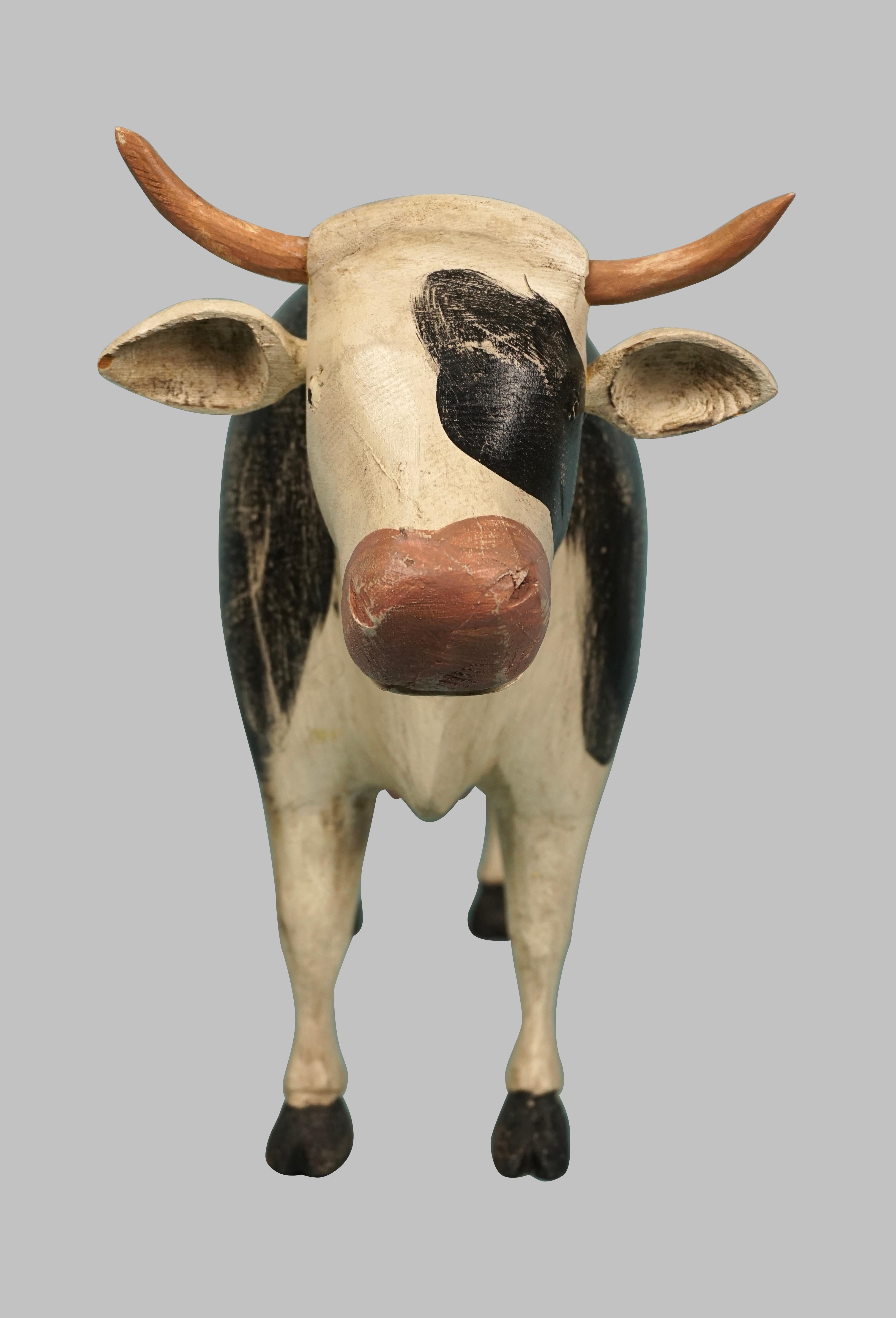 Amusing Full Bodied Black and White Artist Signed Wooden Cow 5
