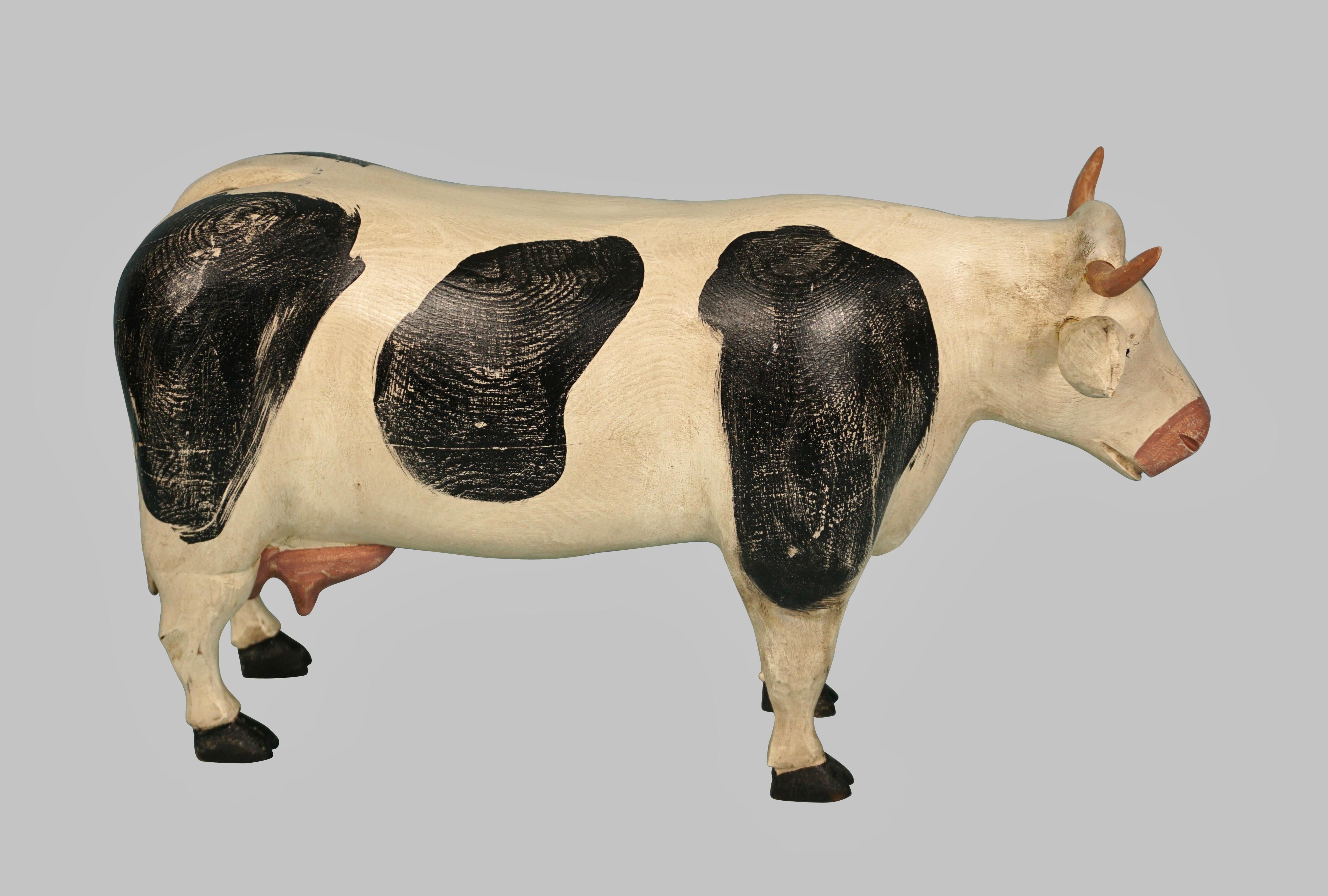 American Amusing Full Bodied Black and White Artist Signed Wooden Cow