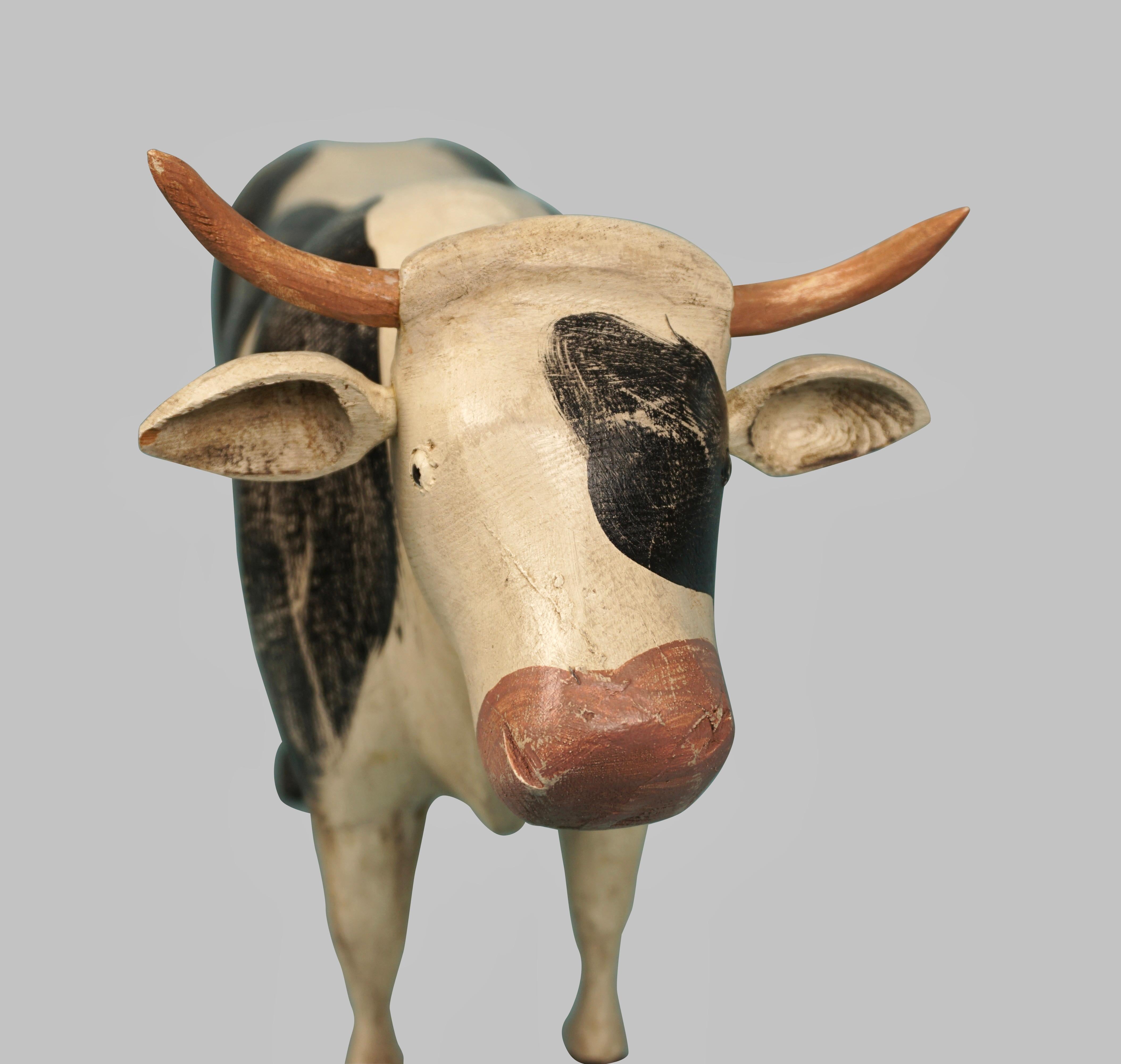Amusing Full Bodied Black and White Artist Signed Wooden Cow In Good Condition In San Francisco, CA