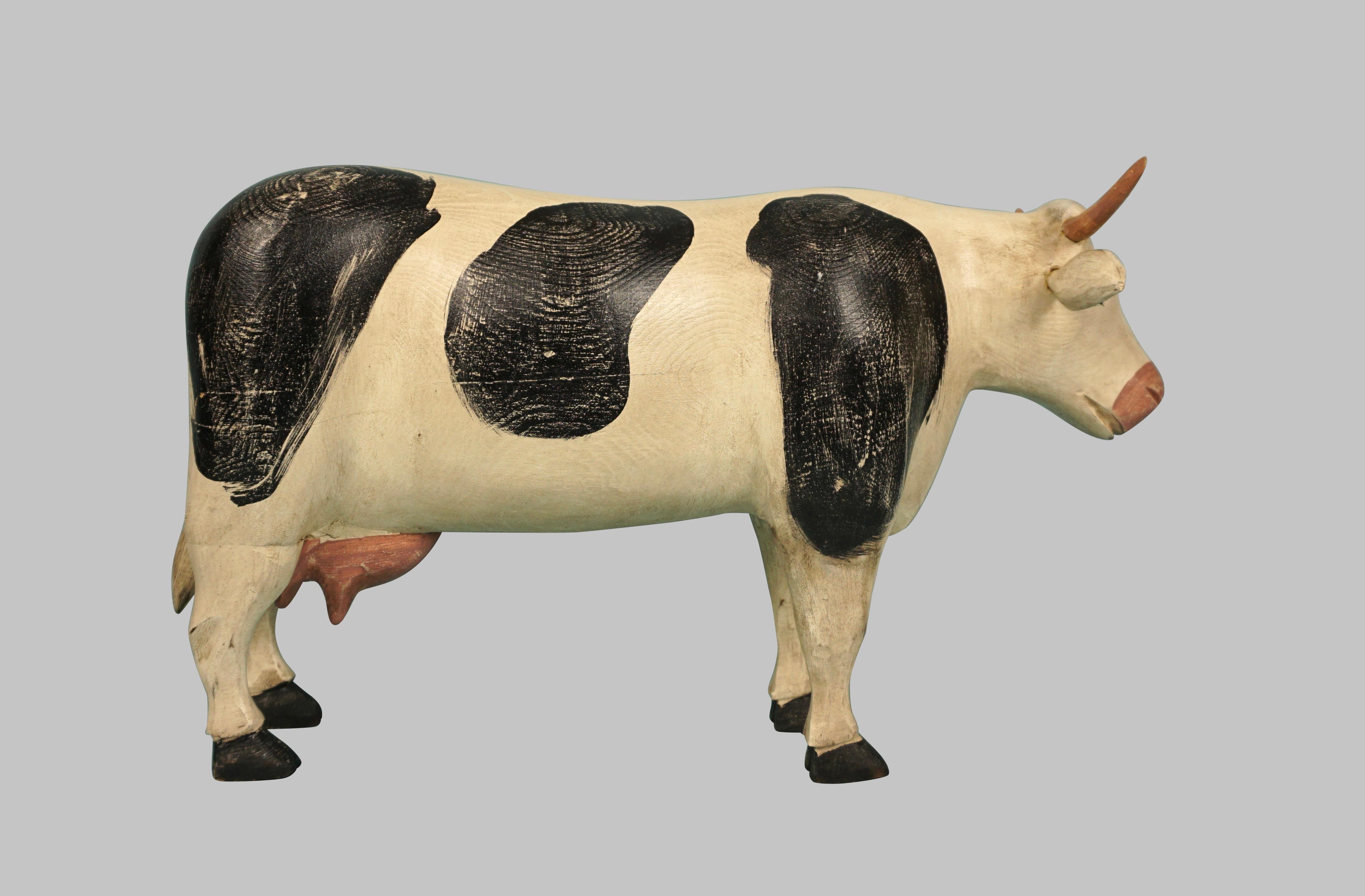 Amusing Full Bodied Black and White Artist Signed Wooden Cow 1