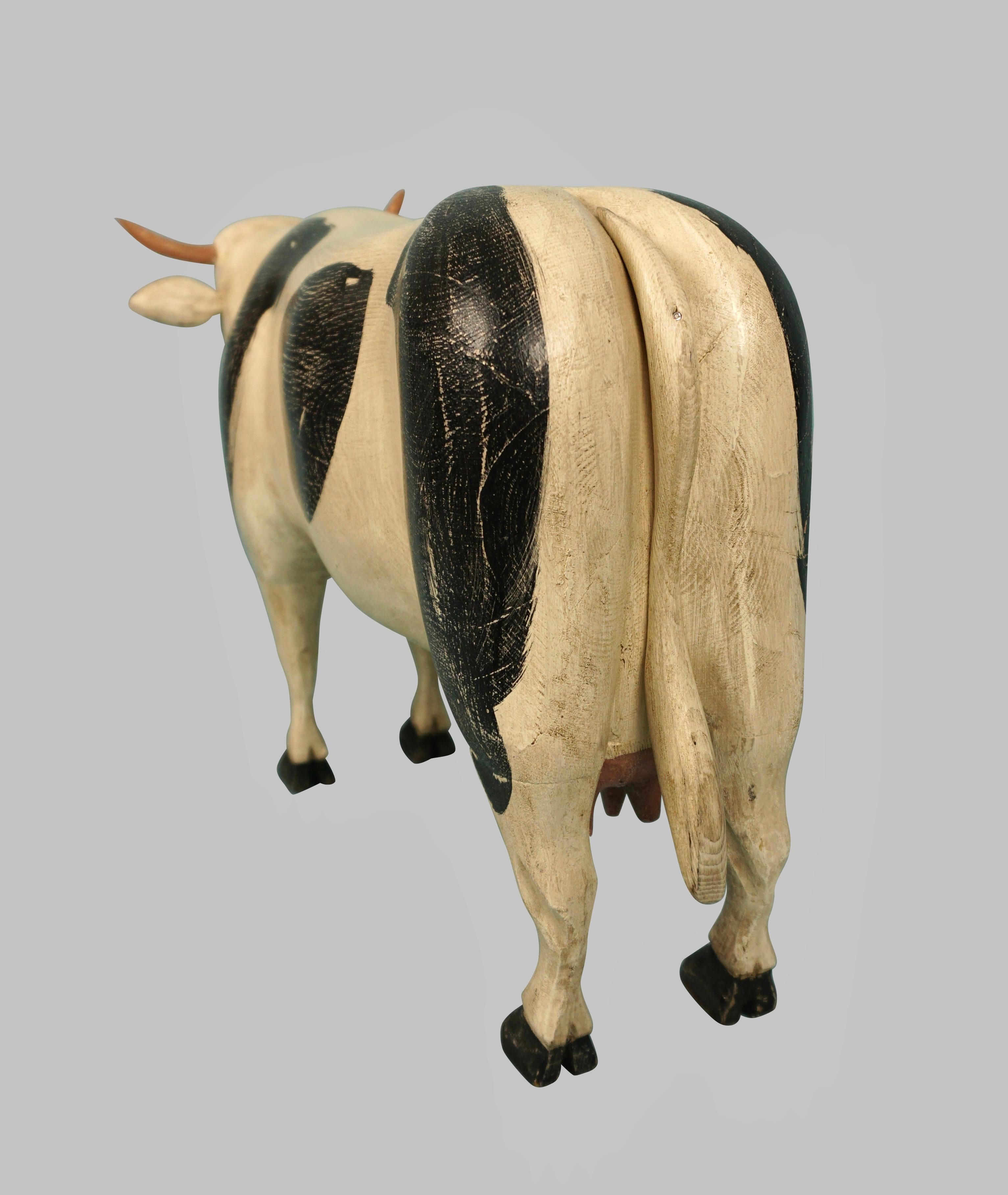 Amusing Full Bodied Black and White Artist Signed Wooden Cow 2