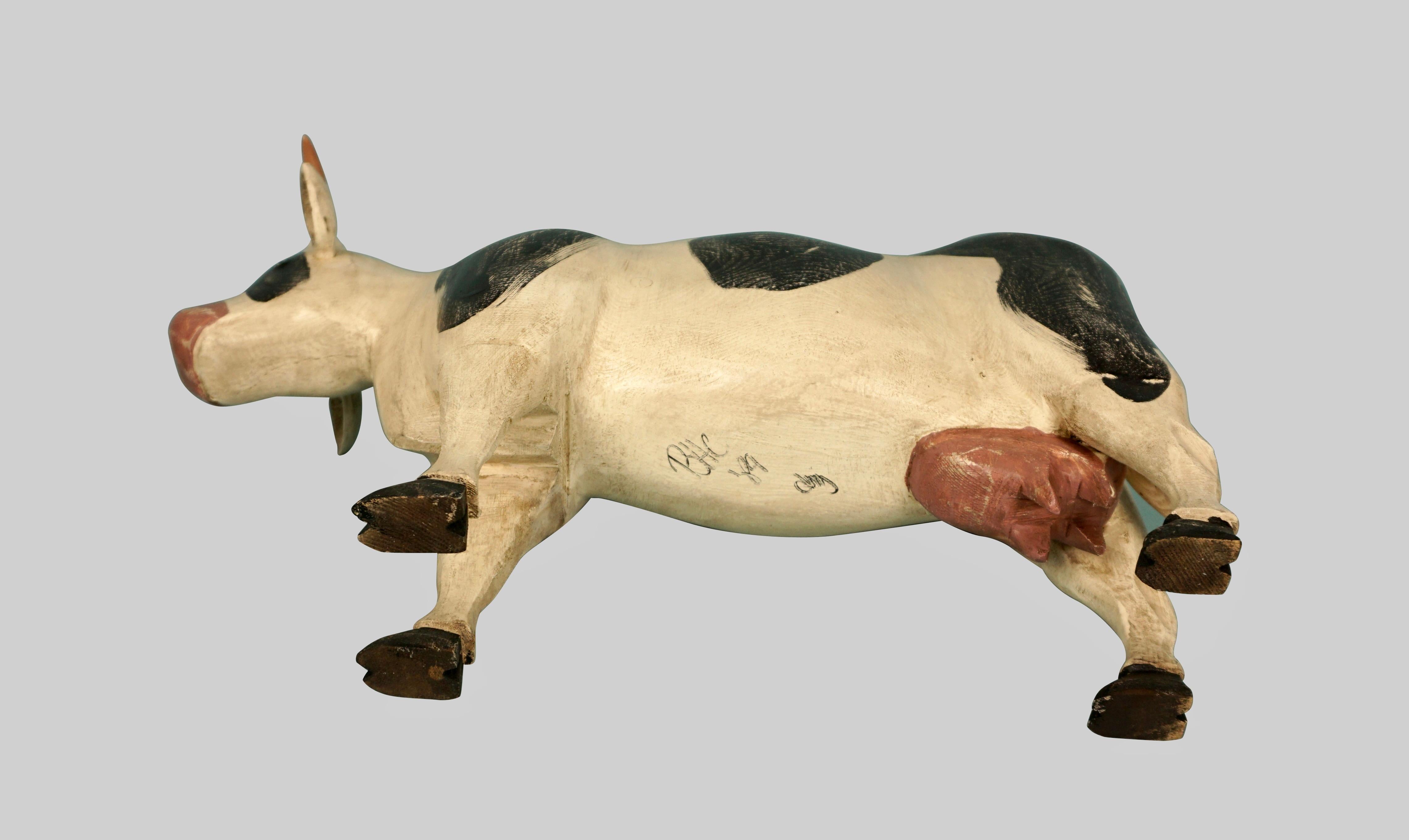 Amusing Full Bodied Black and White Artist Signed Wooden Cow 3