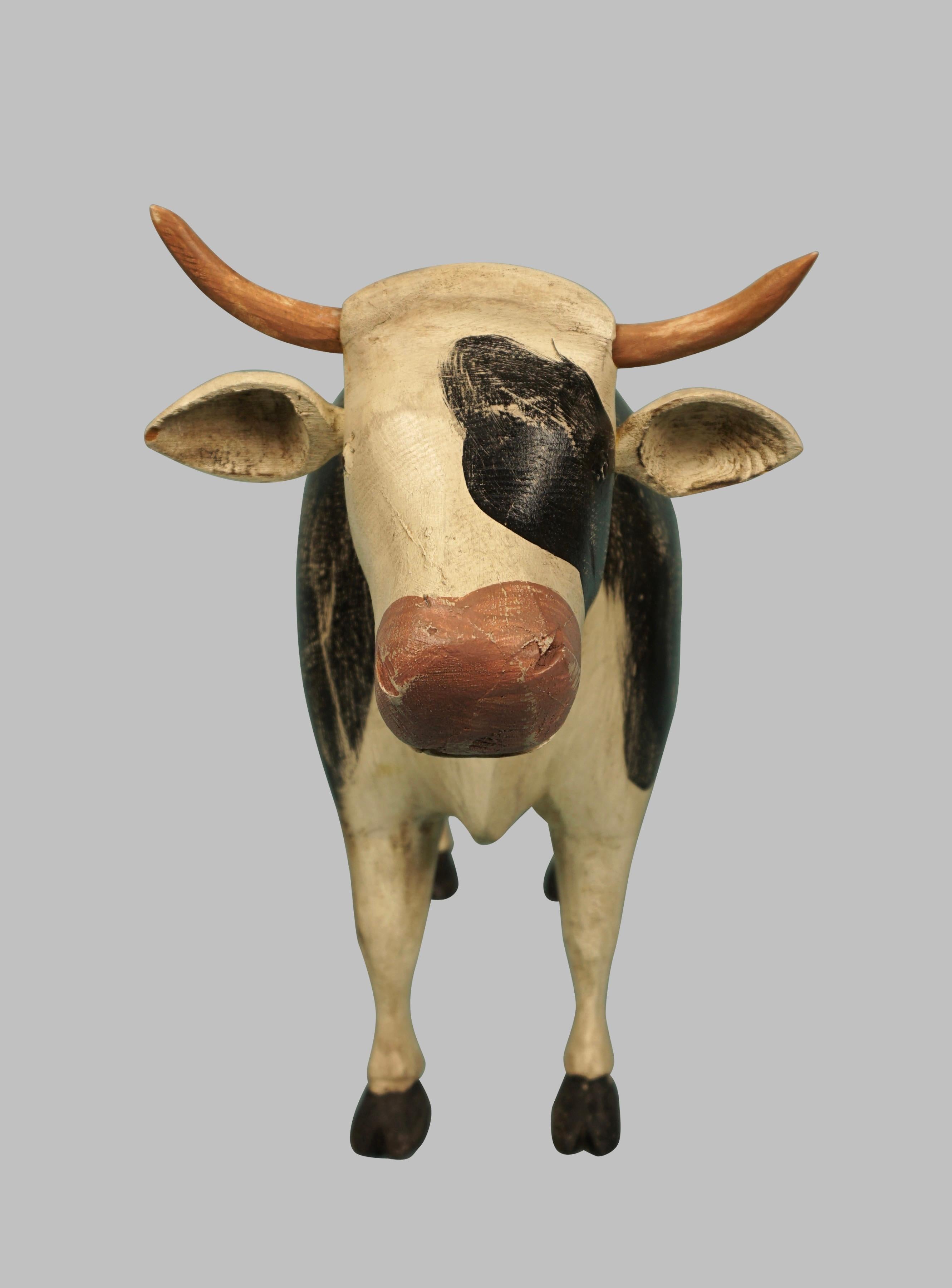 Amusing Full Bodied Black and White Artist Signed Wooden Cow 4