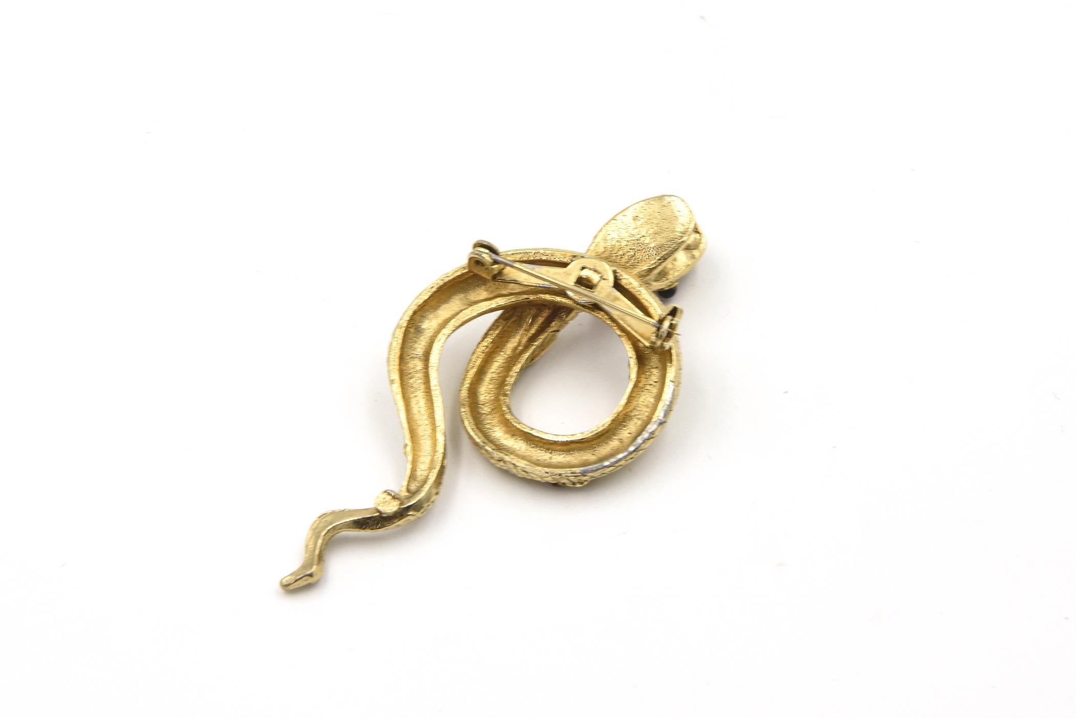 Amusing Large Gold Toned Snake Brooch For Sale 1