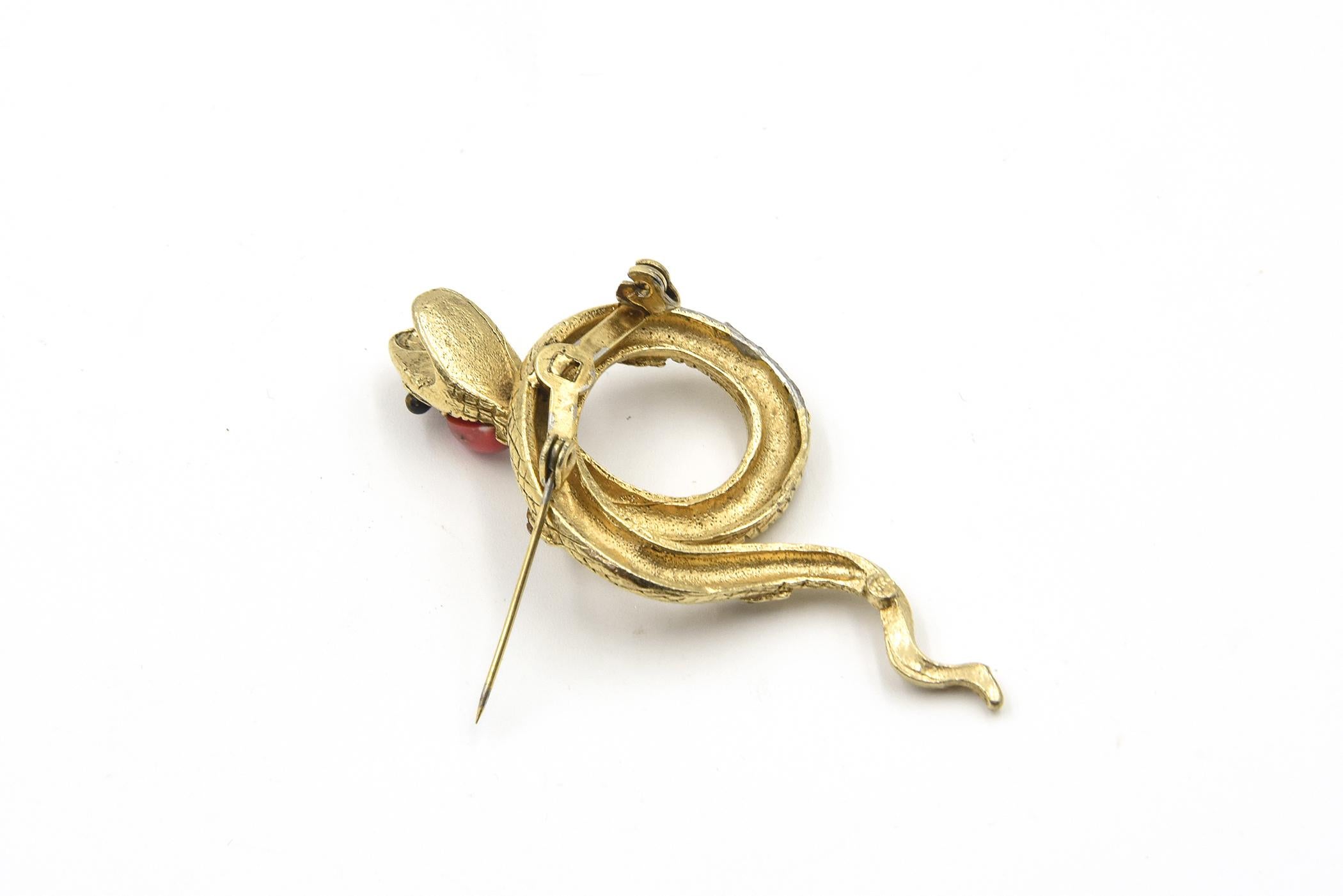 Amusing Large Gold Toned Snake Brooch For Sale 2