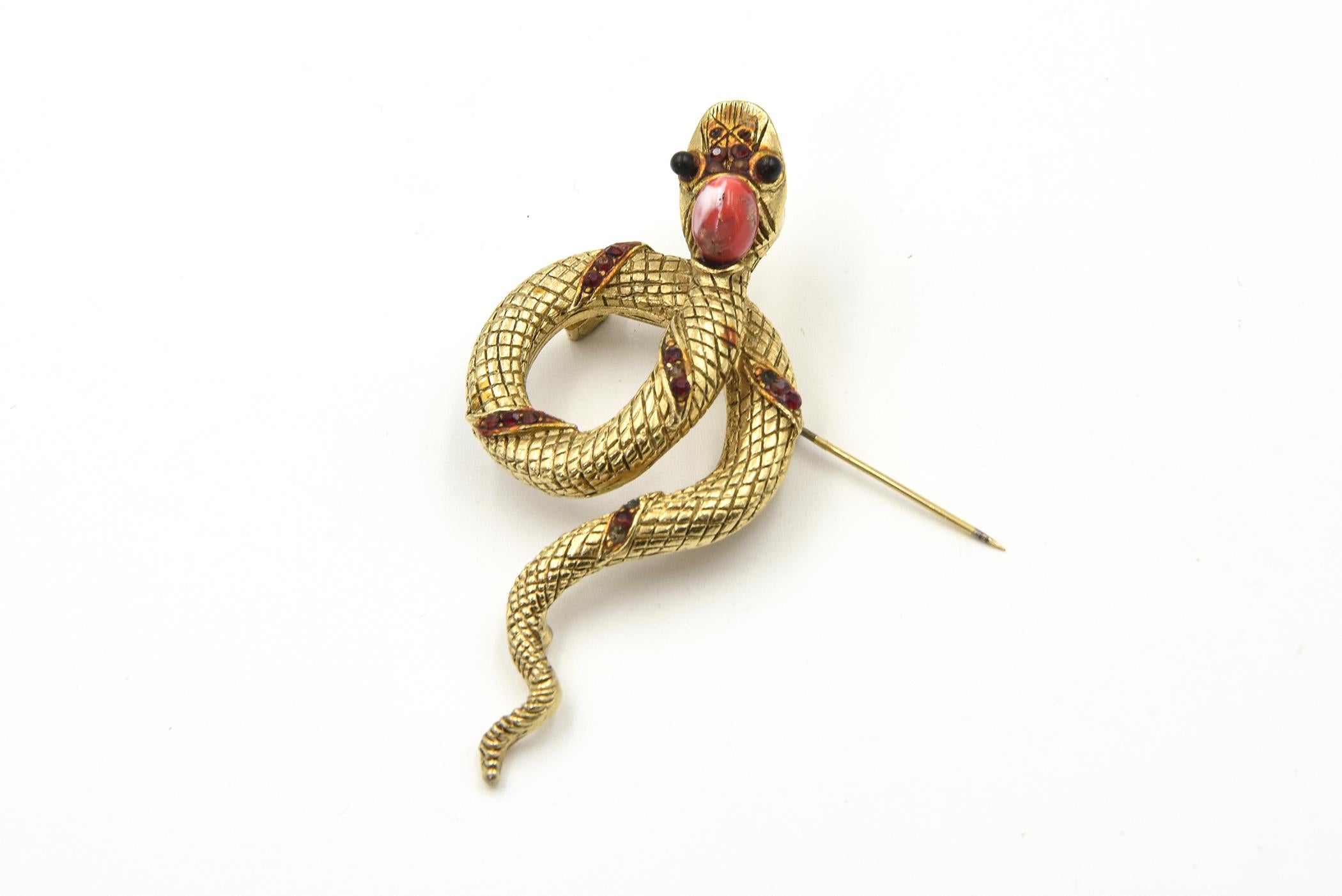 Amusing Large Gold Toned Snake Brooch For Sale 3
