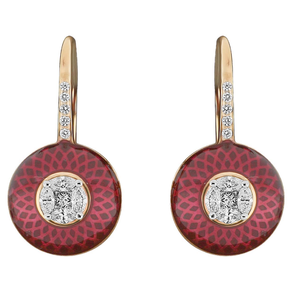 Amwaj 18 Karat Rose Gold Earrings with Diamonds & Enamel For Sale