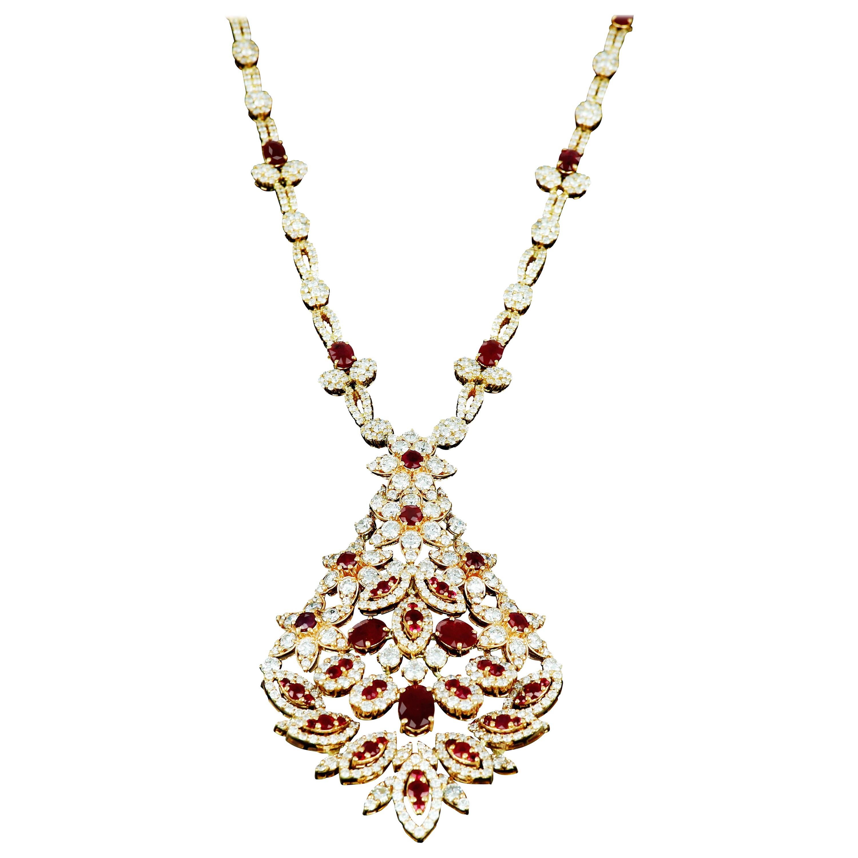 Amwaj 18 Karat Rose Gold Necklace with Diamonds and Ruby For Sale