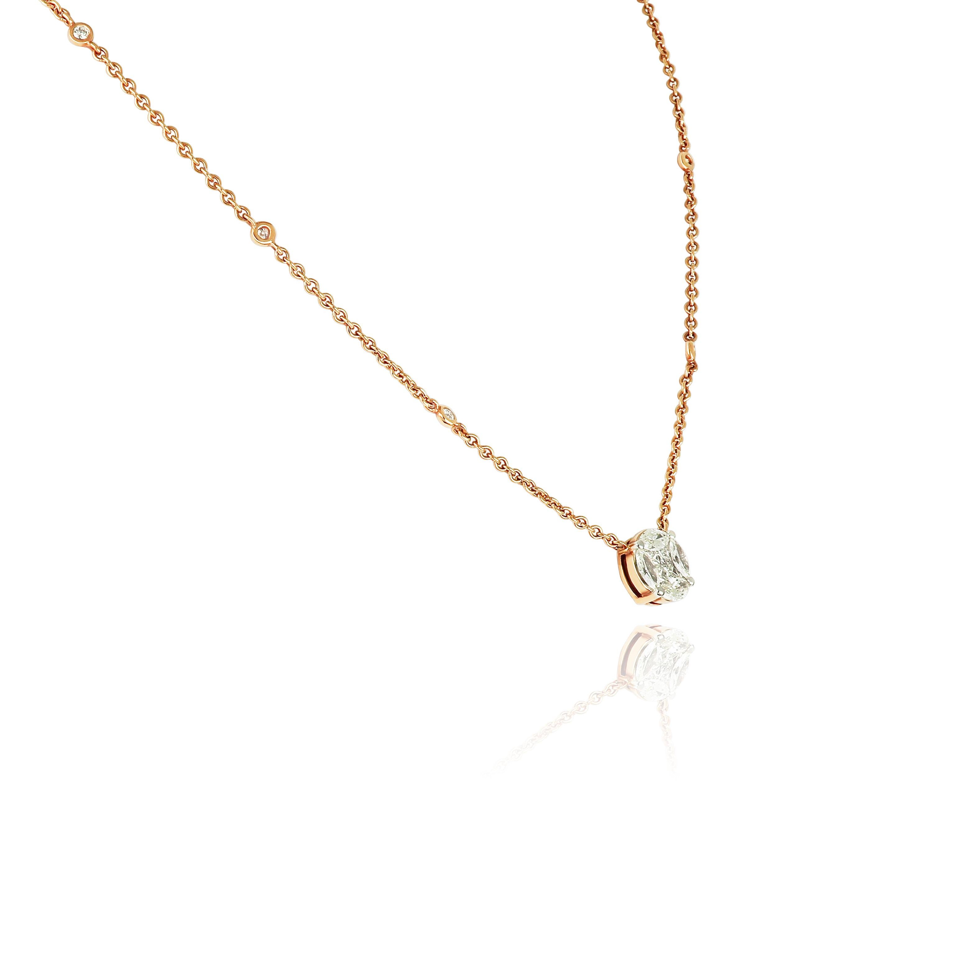 An ultimate day-to-night jewel, this 18 karat rose gold pendant showcases spectacular 4 marquise cut and 4 princess cut diamonds forming illusion of round shaped diamond. Where each diamond is exactly matched and set with the highest precision,