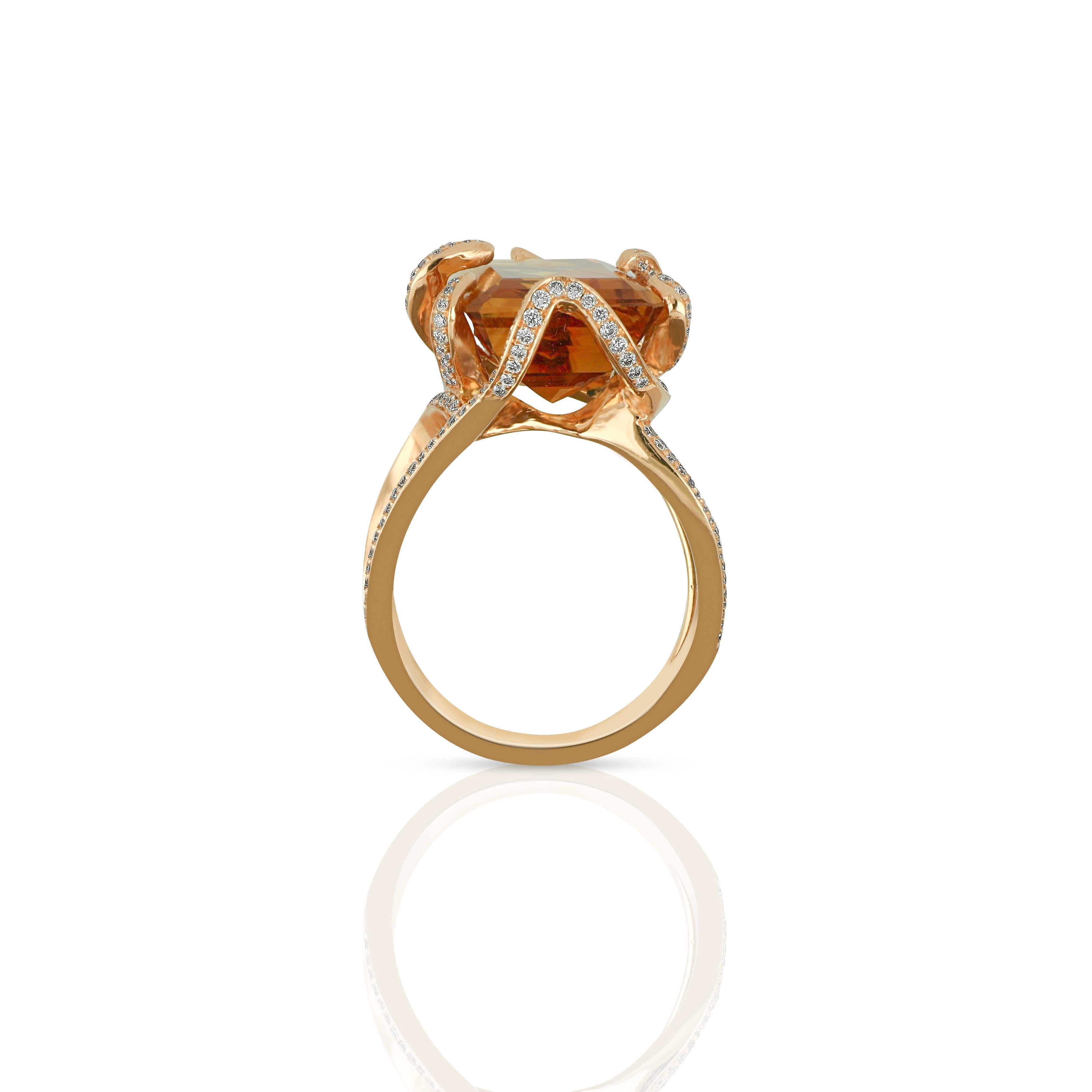 Art Deco Amwaj 18 Karat Rose Gold Ring with Citrine and Diamonds For Sale