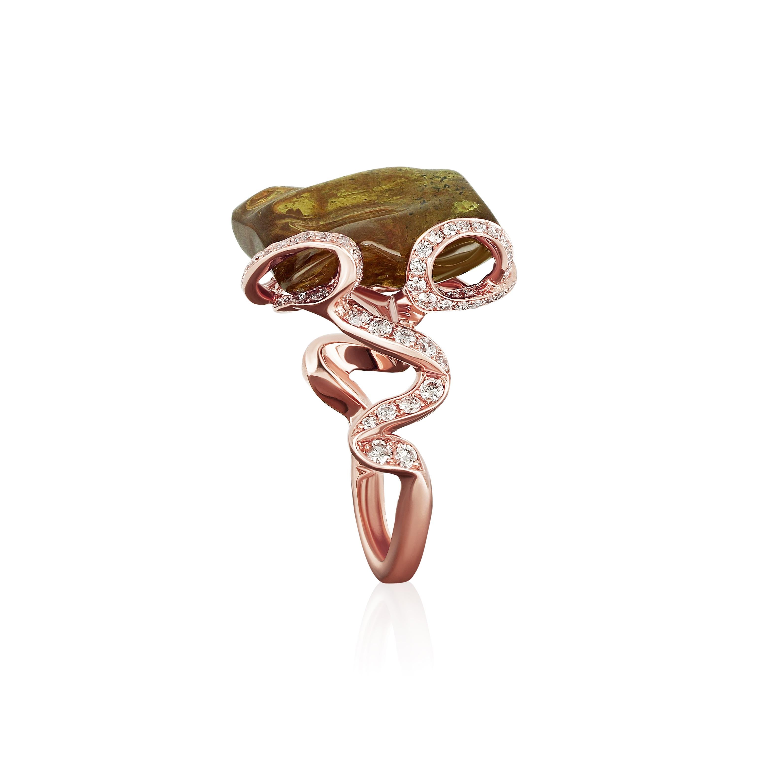 Art Deco Amwaj 18 Karat Rose Gold Ring with Sapphire and Diamonds For Sale