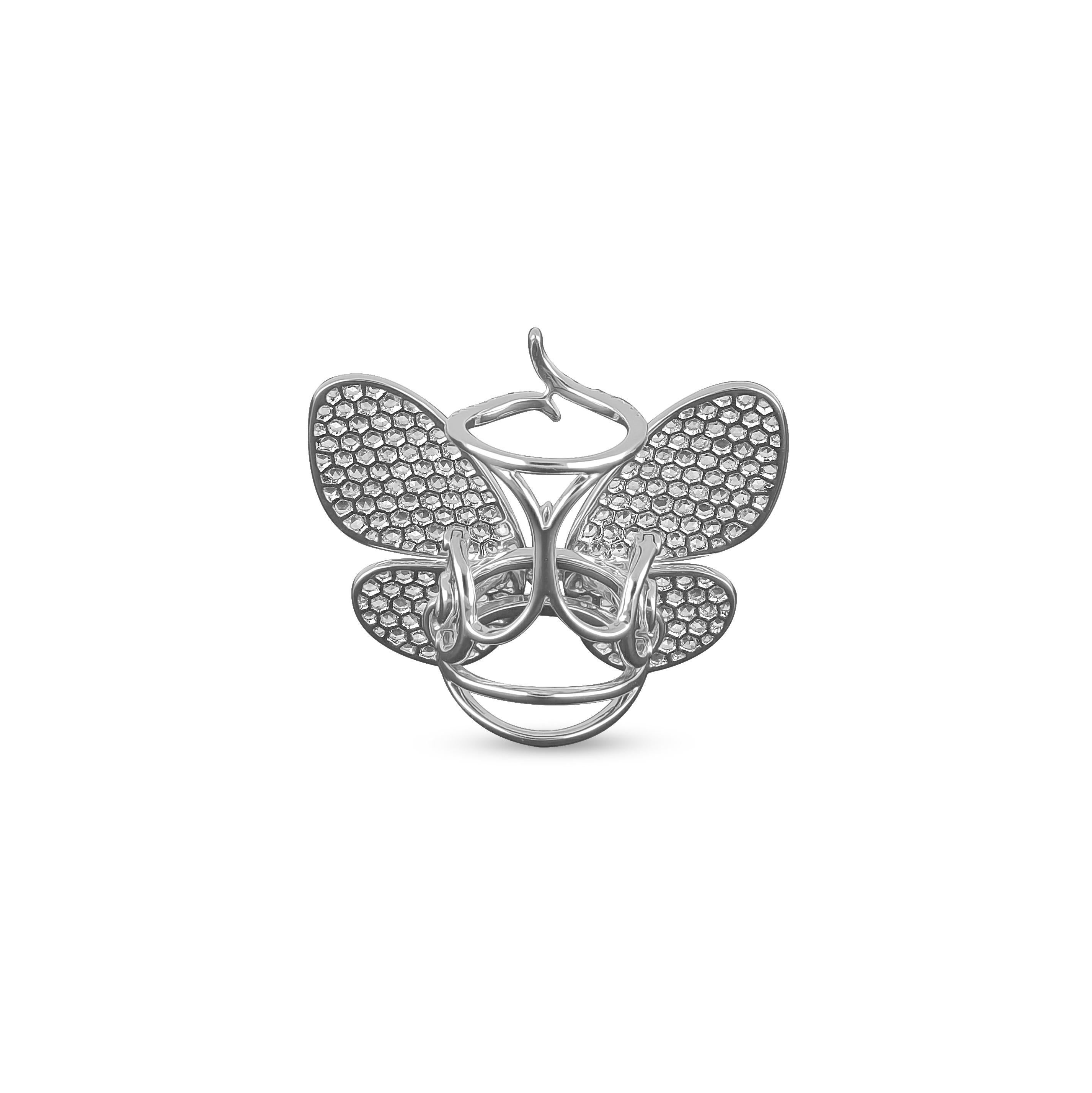 Art Deco Amwaj 18-Karat White Gold Butterfly Ring with Rose Cut Diamonds For Sale