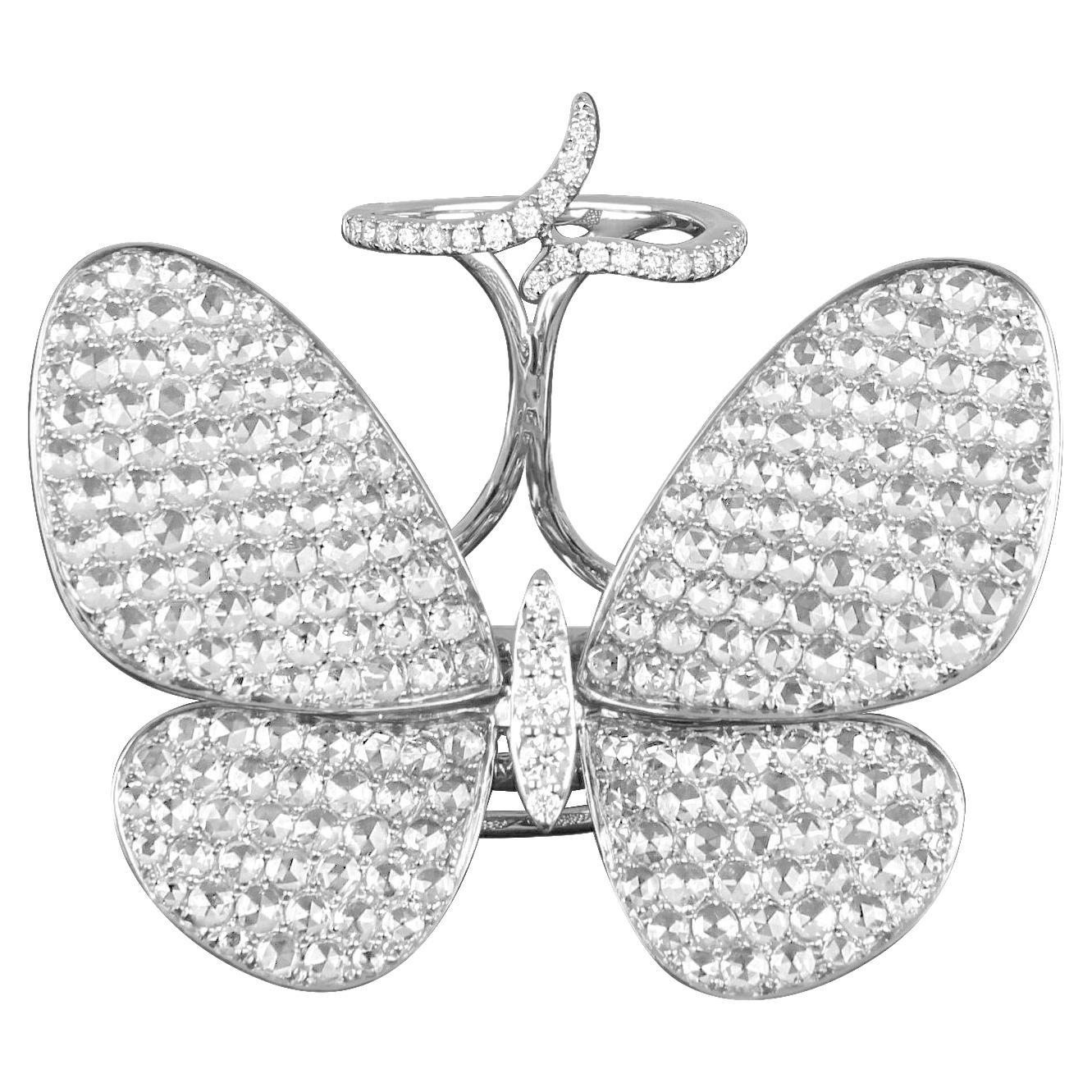 Amwaj Bague papillon en or blanc 18 carats avec diamants taille rose en vente