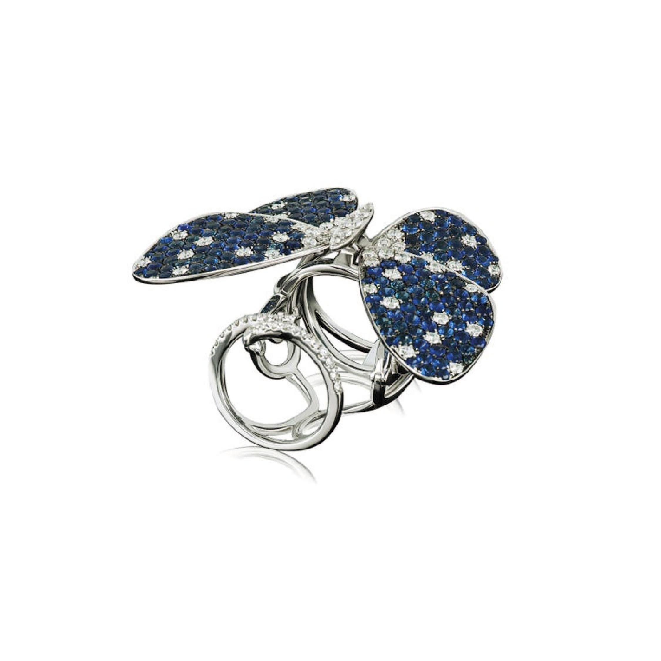 For Sale:  Amwaj 18 Karat White Gold Butterfly Ring with Sapphires and Diamonds 3