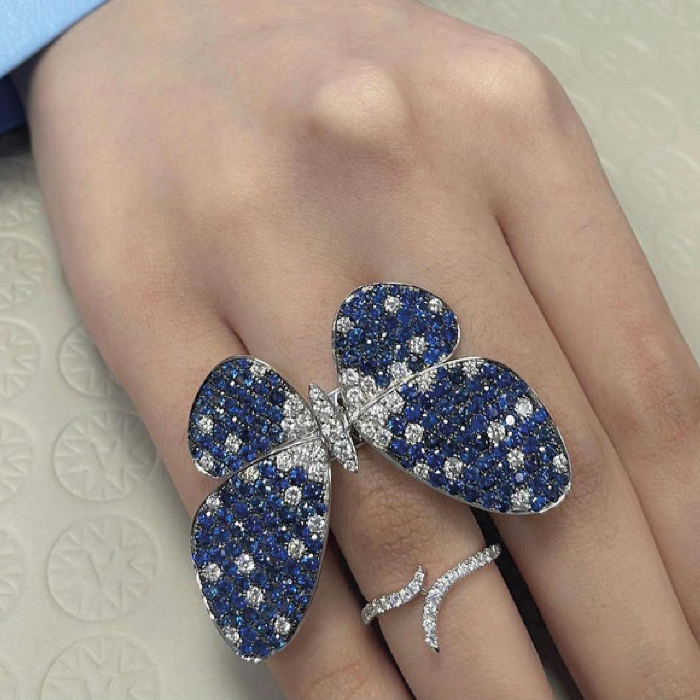 For Sale:  Amwaj 18 Karat White Gold Butterfly Ring with Sapphires and Diamonds 4
