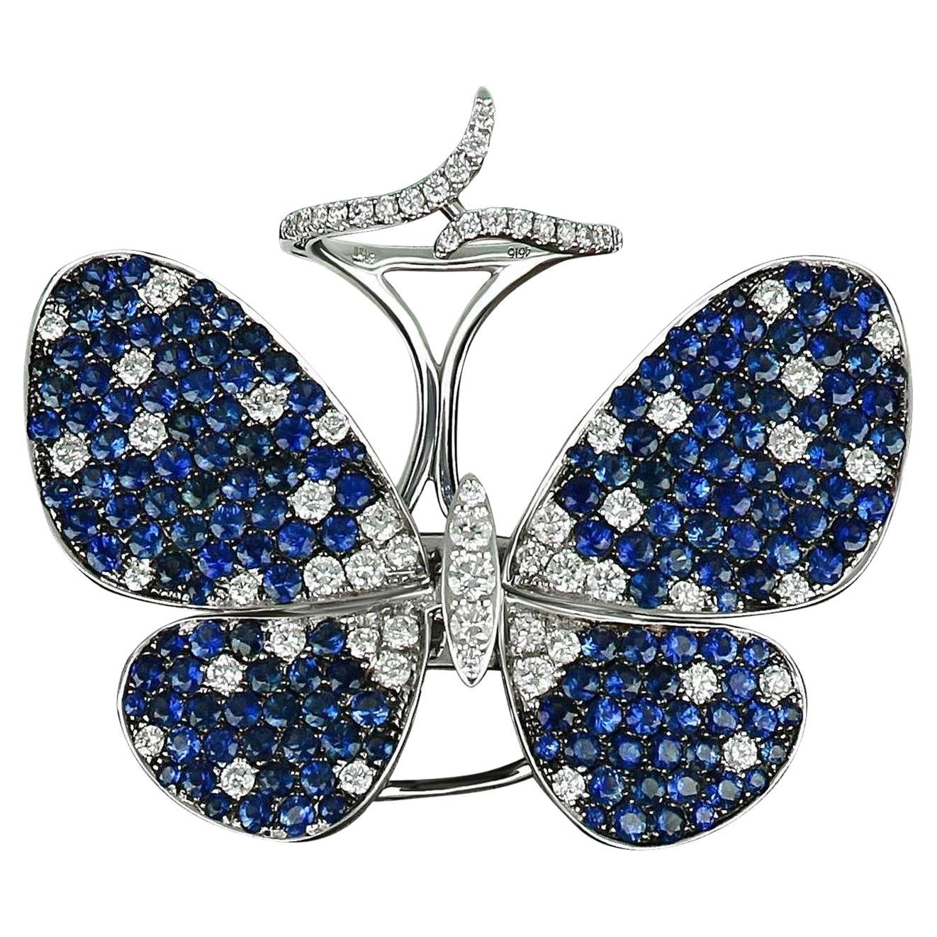 For Sale:  Amwaj 18 Karat White Gold Butterfly Ring with Sapphires and Diamonds