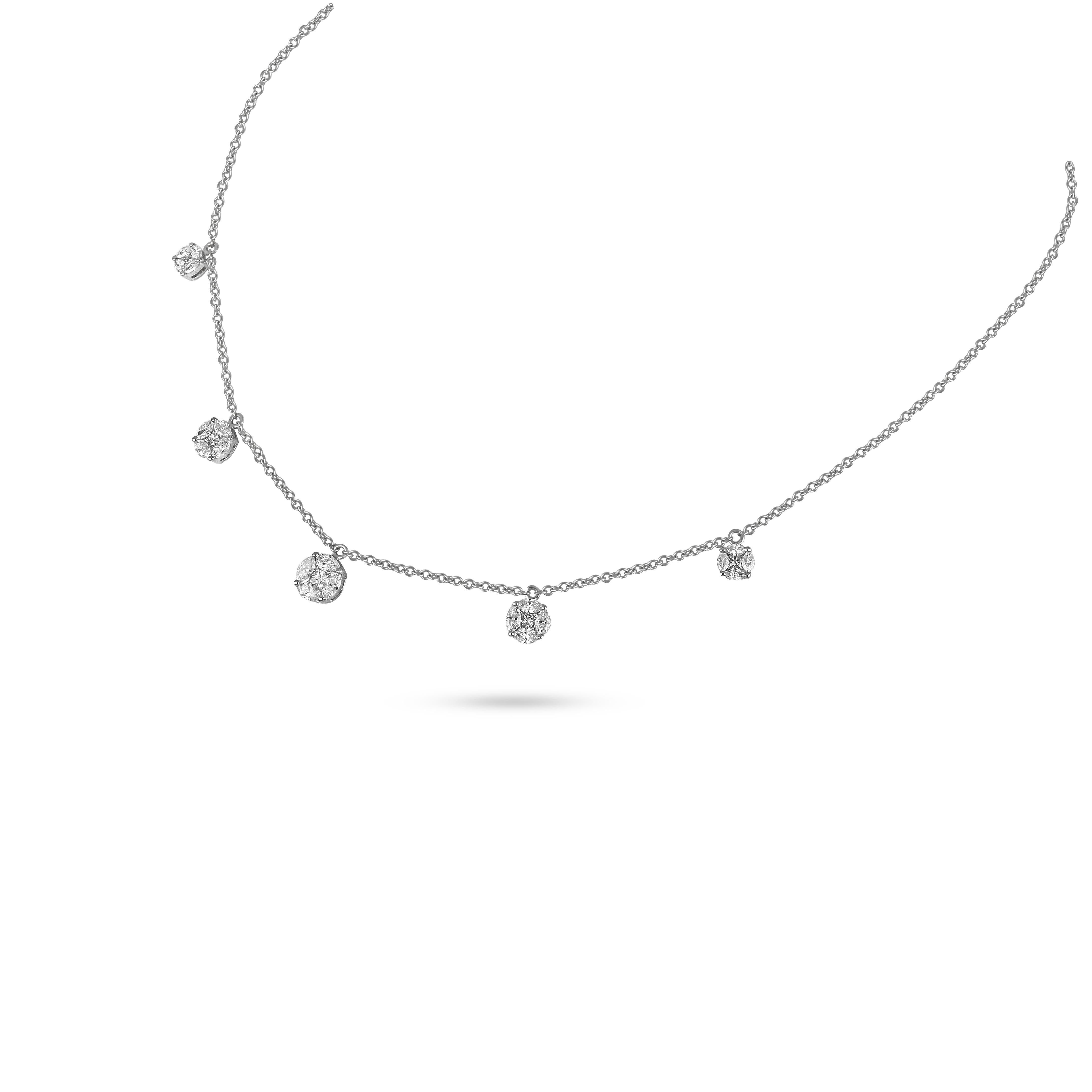 Designed for mixing, matching and stacking, this contemporary classis 5 drops diamond choker presented on a delicate 18 karat white gold chain catches and reflects the light with the elegant details of the marquise and princess cut diamonds. 
18