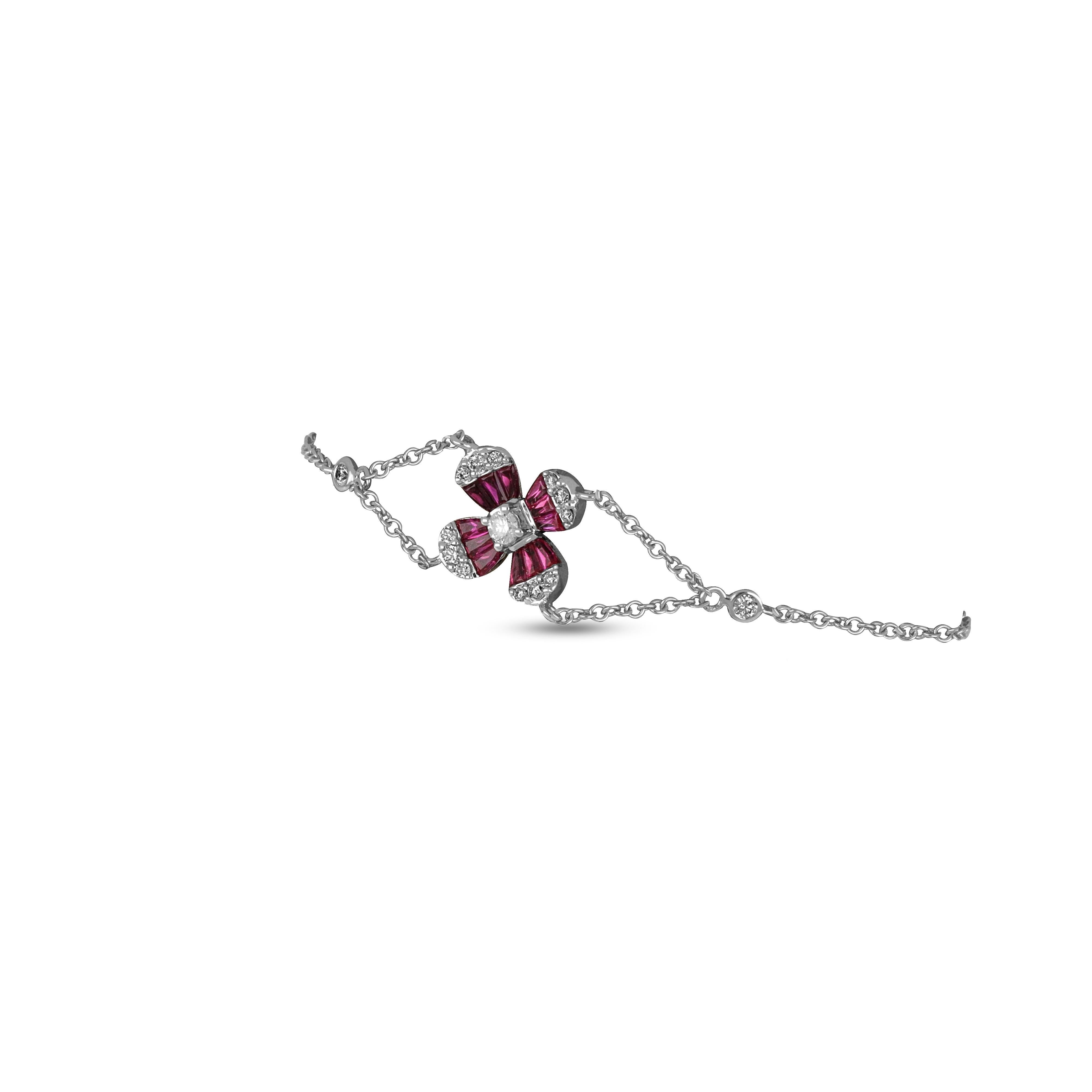 Round Cut Amwaj 18 Karat White Gold Flower Bracelet with Ruby & Diamonds For Sale