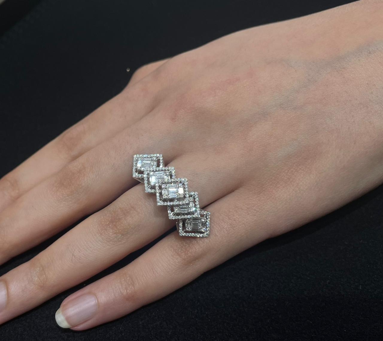 Baguette Cut Amwaj 18 Karat White Gold Ring with Diamonds For Sale