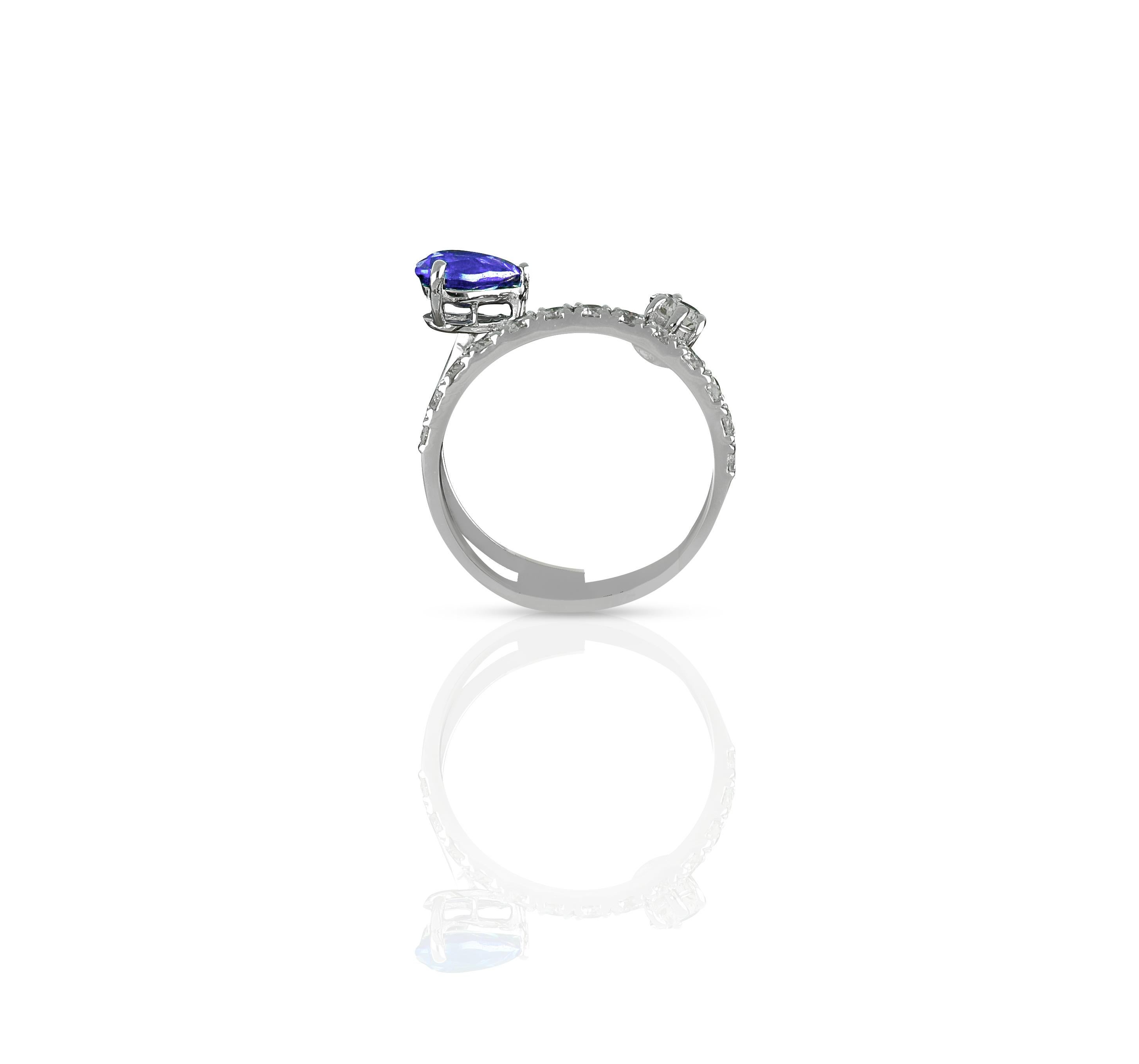 Art Deco Amwaj 18 Karat White Gold Ring with Pear Cut Sapphire and Multi-Cut Diamonds For Sale