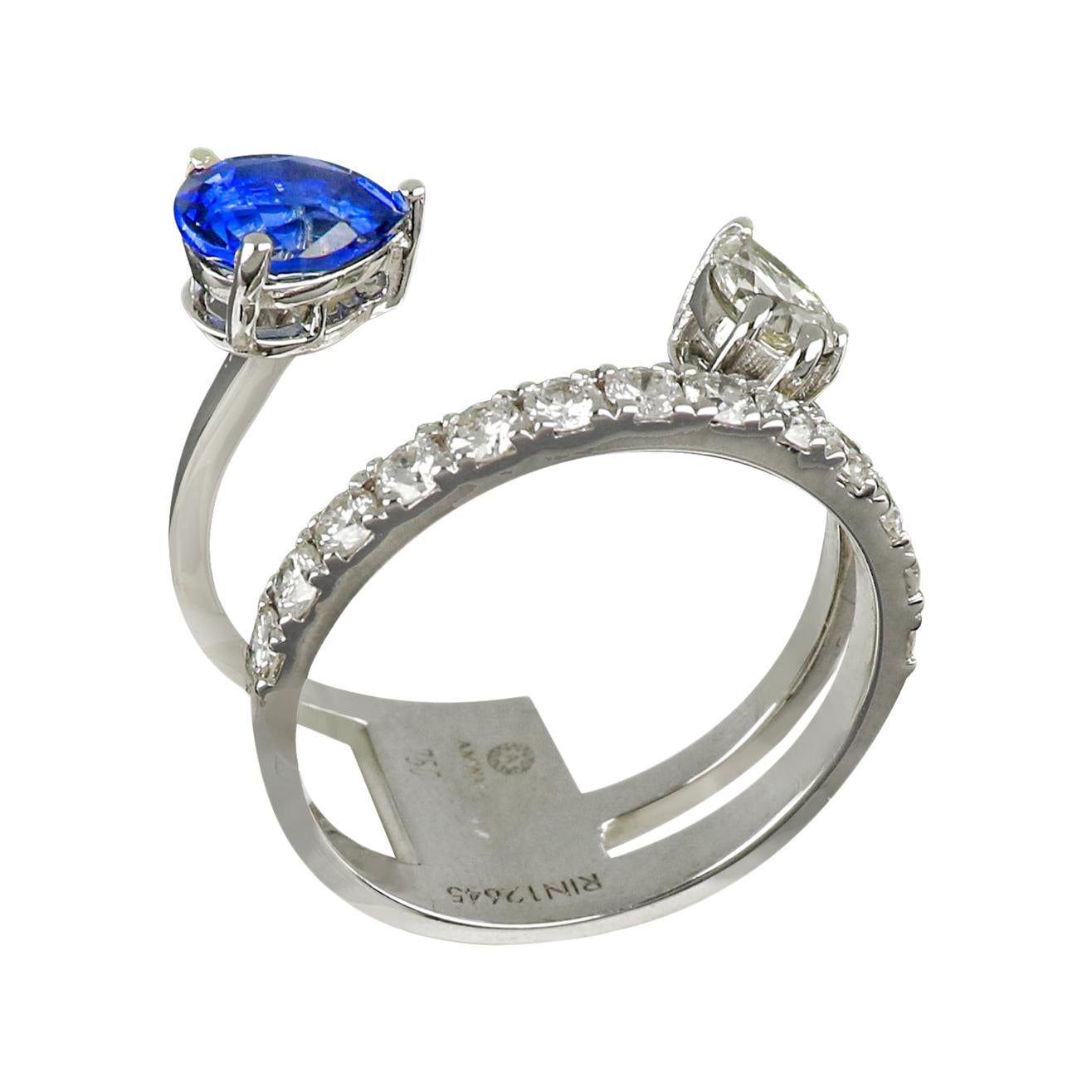 Amwaj 18 Karat White Gold Ring with Pear Cut Sapphire and Multi-Cut Diamonds For Sale