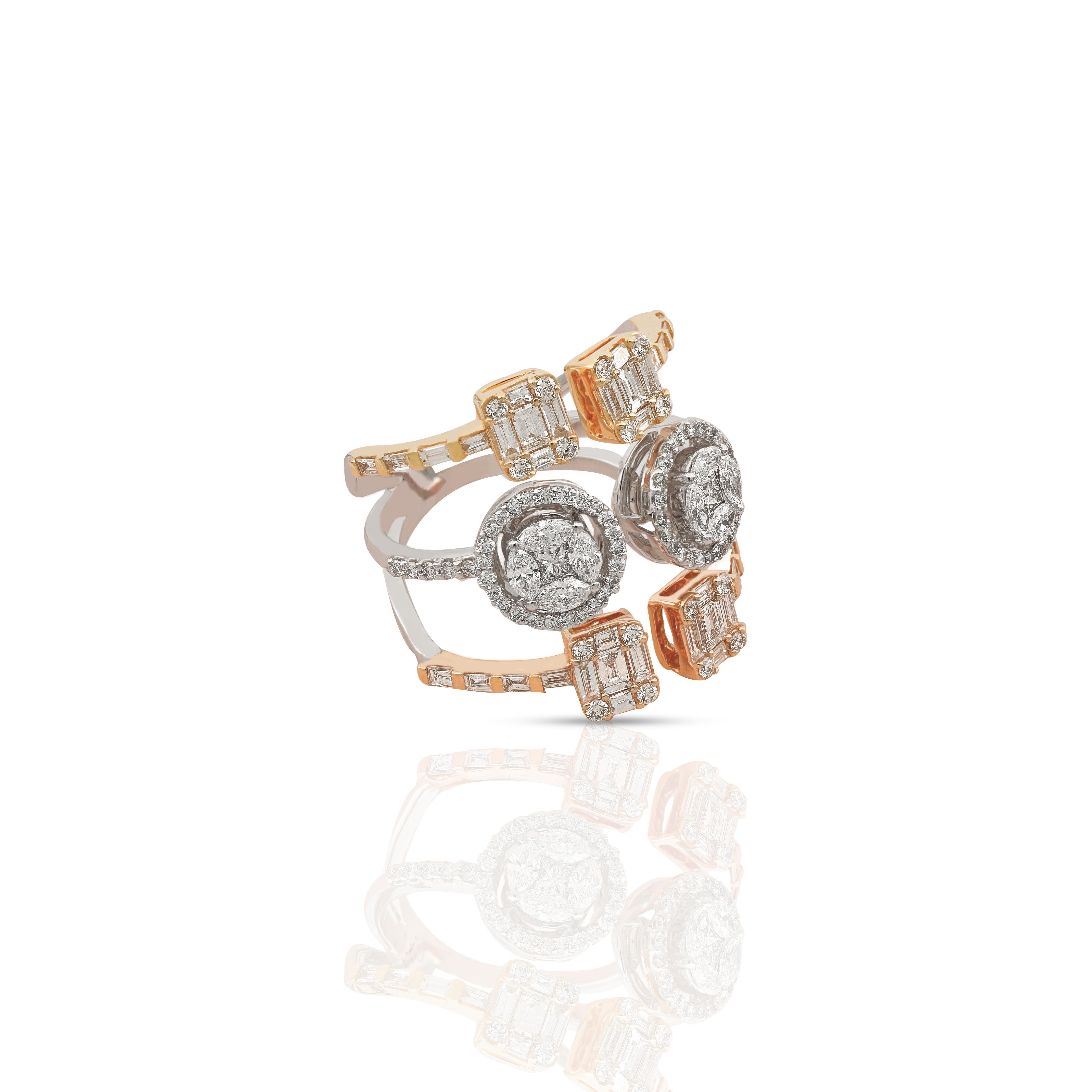 Sparkling streams of diamonds forming 3 multi-color layers in this 18 karat white gold ring. The striking design is emboldened by perfectly placed baguette diamond linked to bigger baguette cut diamonds that’s surrounded by small round diamonds. The