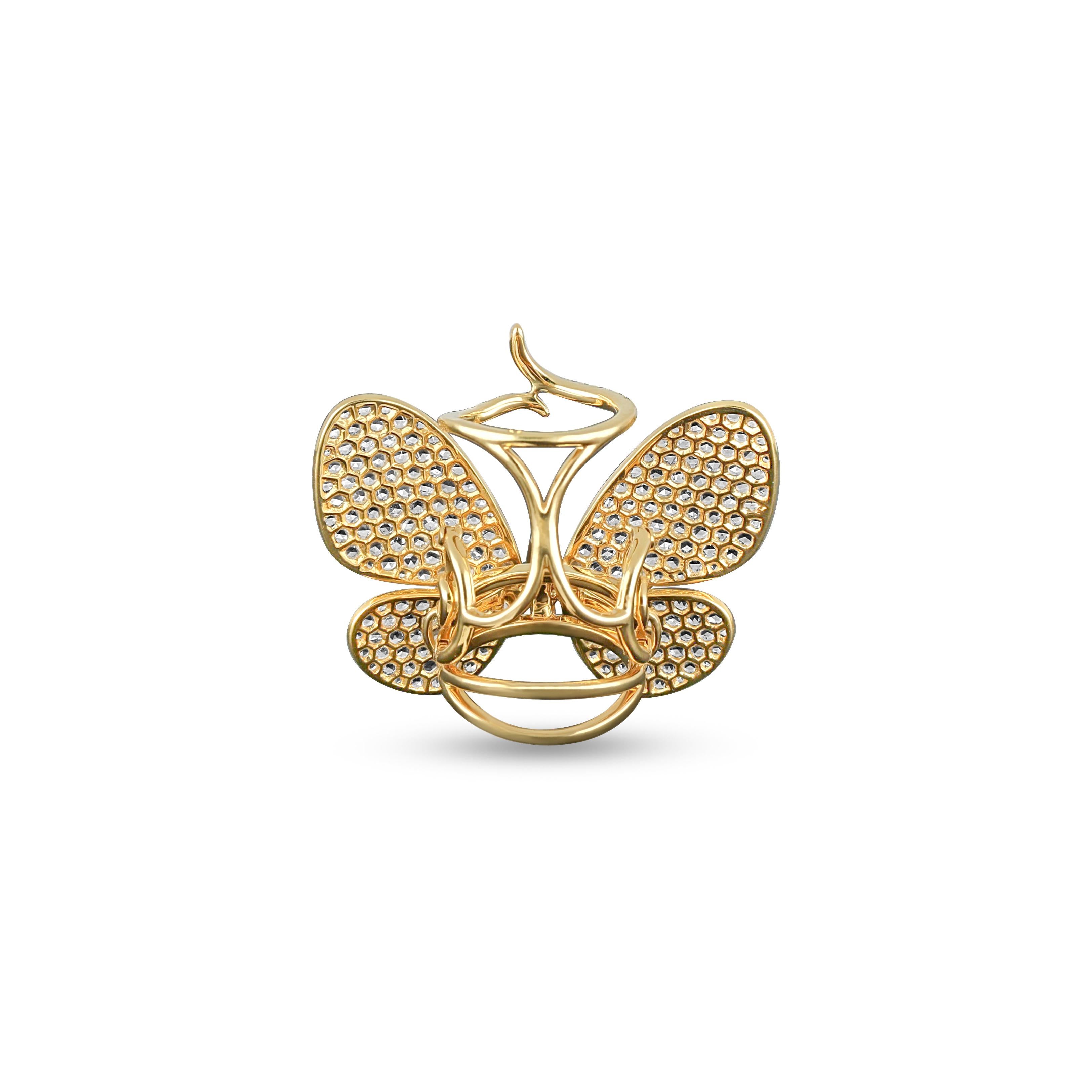 Amwaj 18 Karat Yellow Gold Butterfly Ring with Rose Cut Diamonds In New Condition For Sale In Abu Dhabi, Abu Dhabi