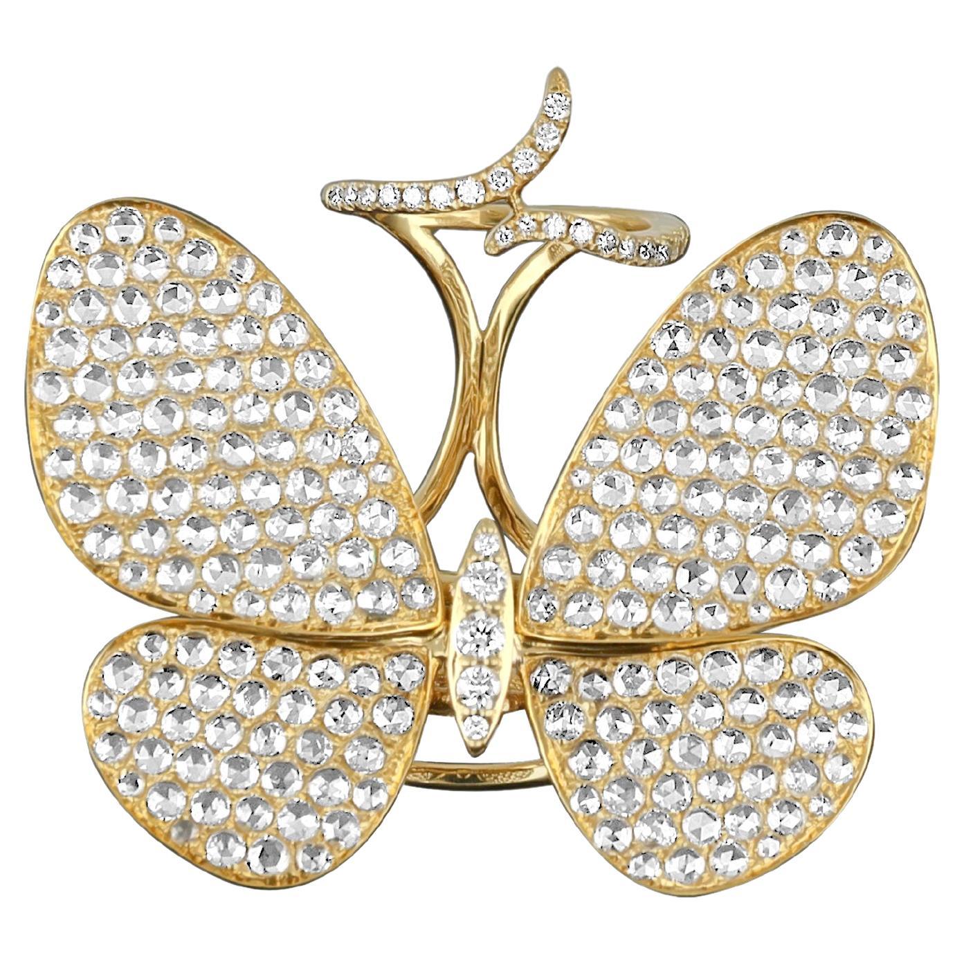 Amwaj 18 Karat Yellow Gold Butterfly Ring with Rose Cut Diamonds For Sale