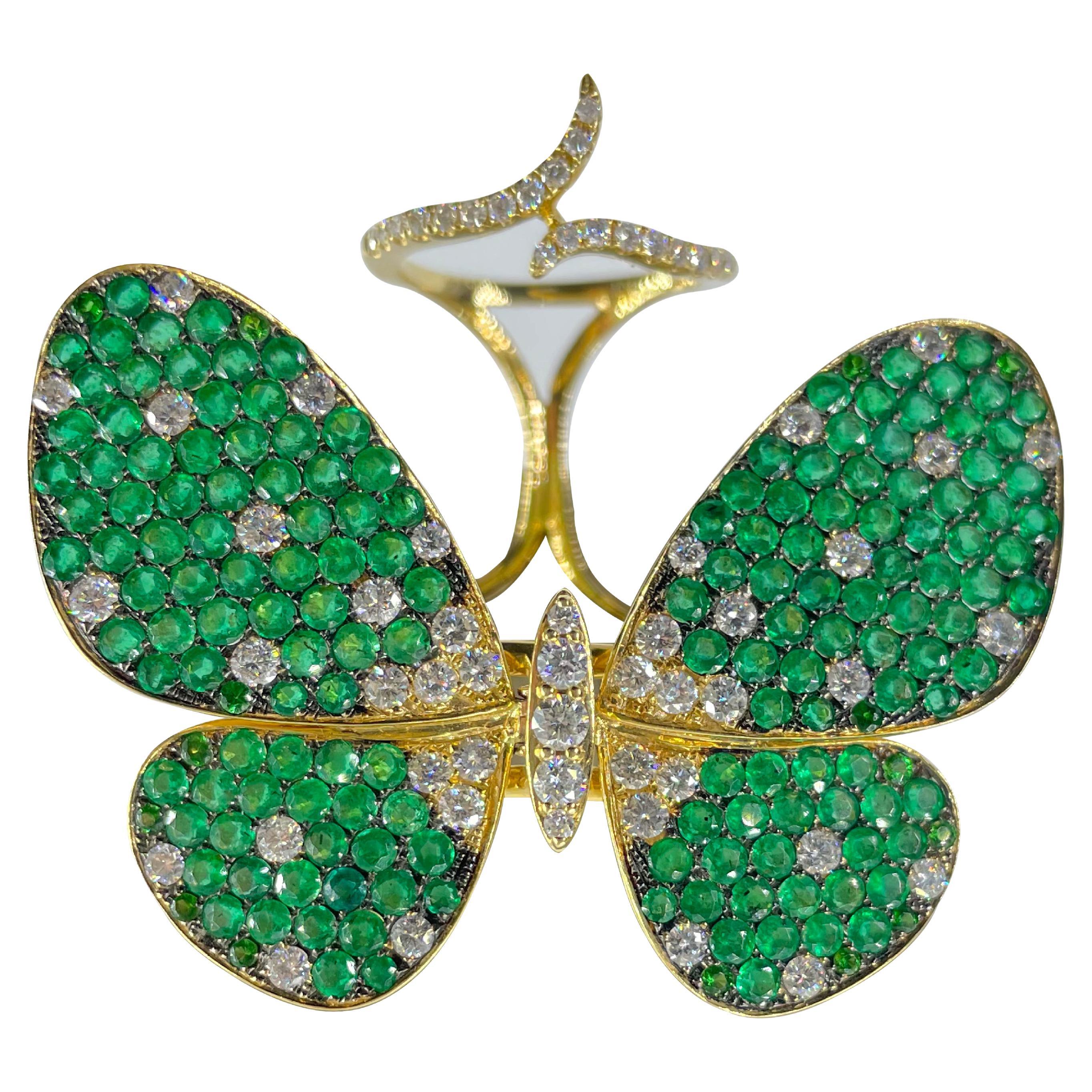 Amwaj 18 Karat Yellow Gold Butterfly Ring with Sapphires and Diamonds