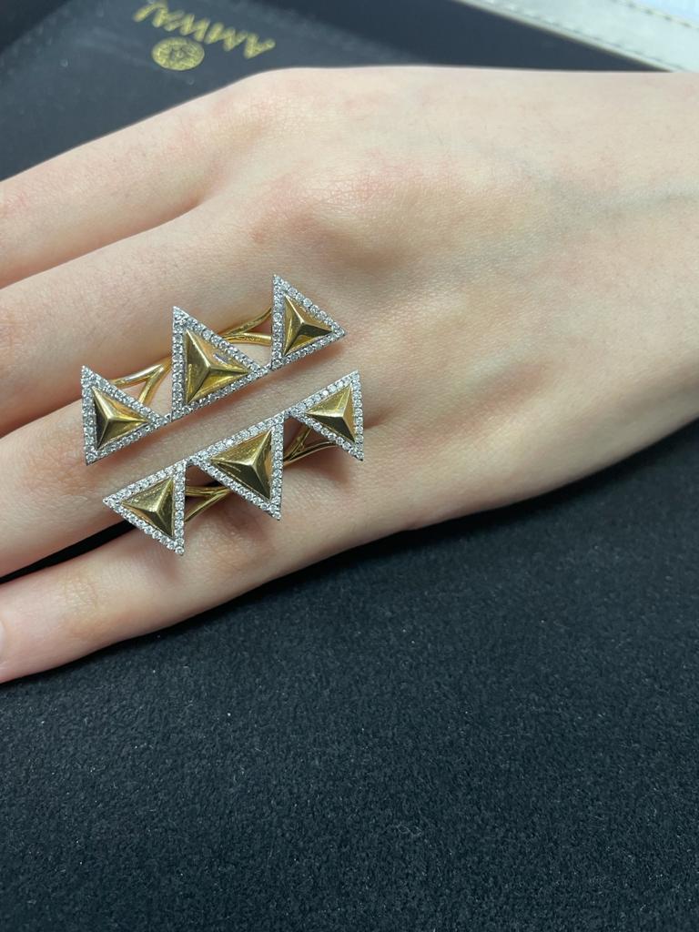 Art Deco Amwaj 18 Karat Yellow Gold Geometric Ring with Diamonds For Sale