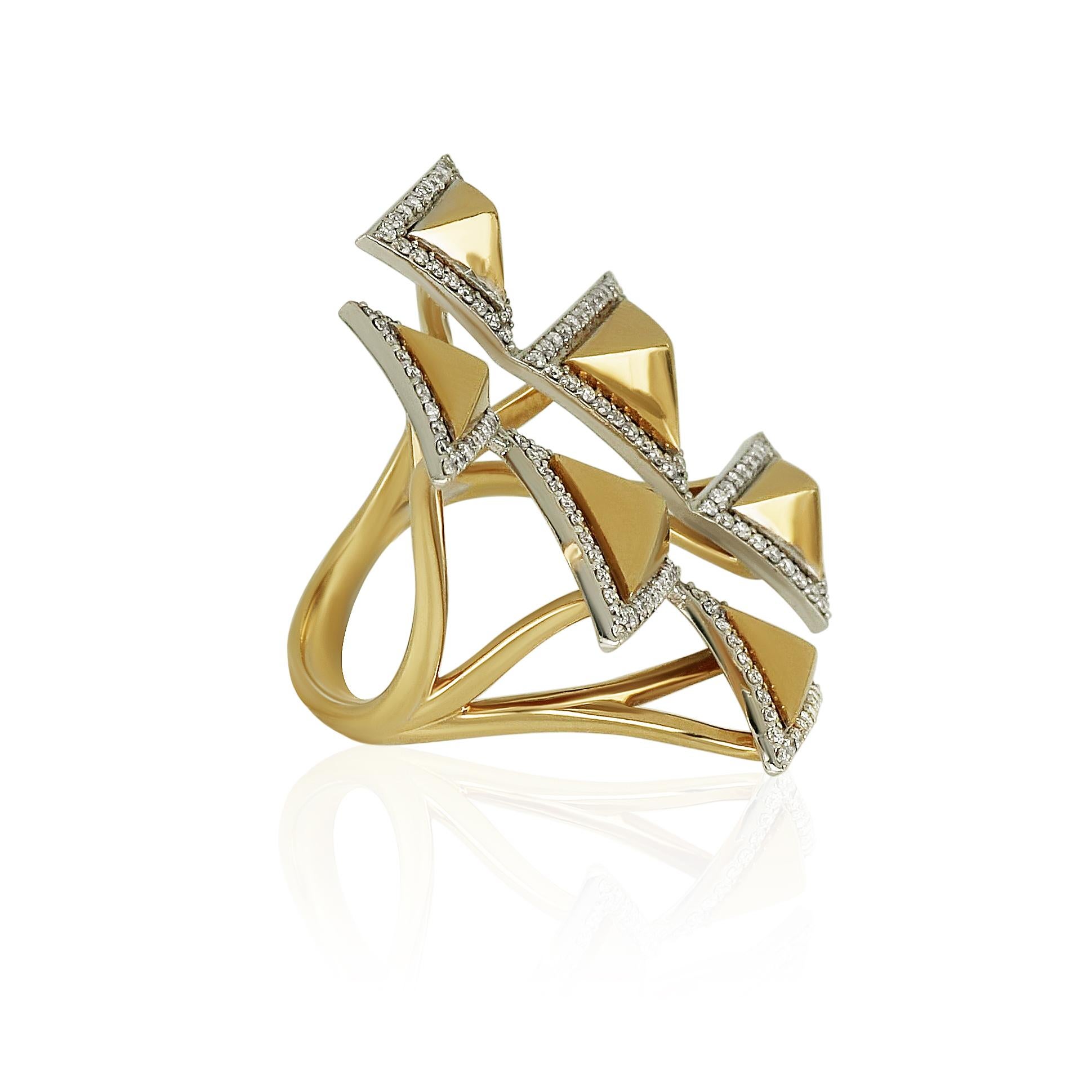 Amwaj 18 Karat Yellow Gold Geometric Ring with Diamonds For Sale