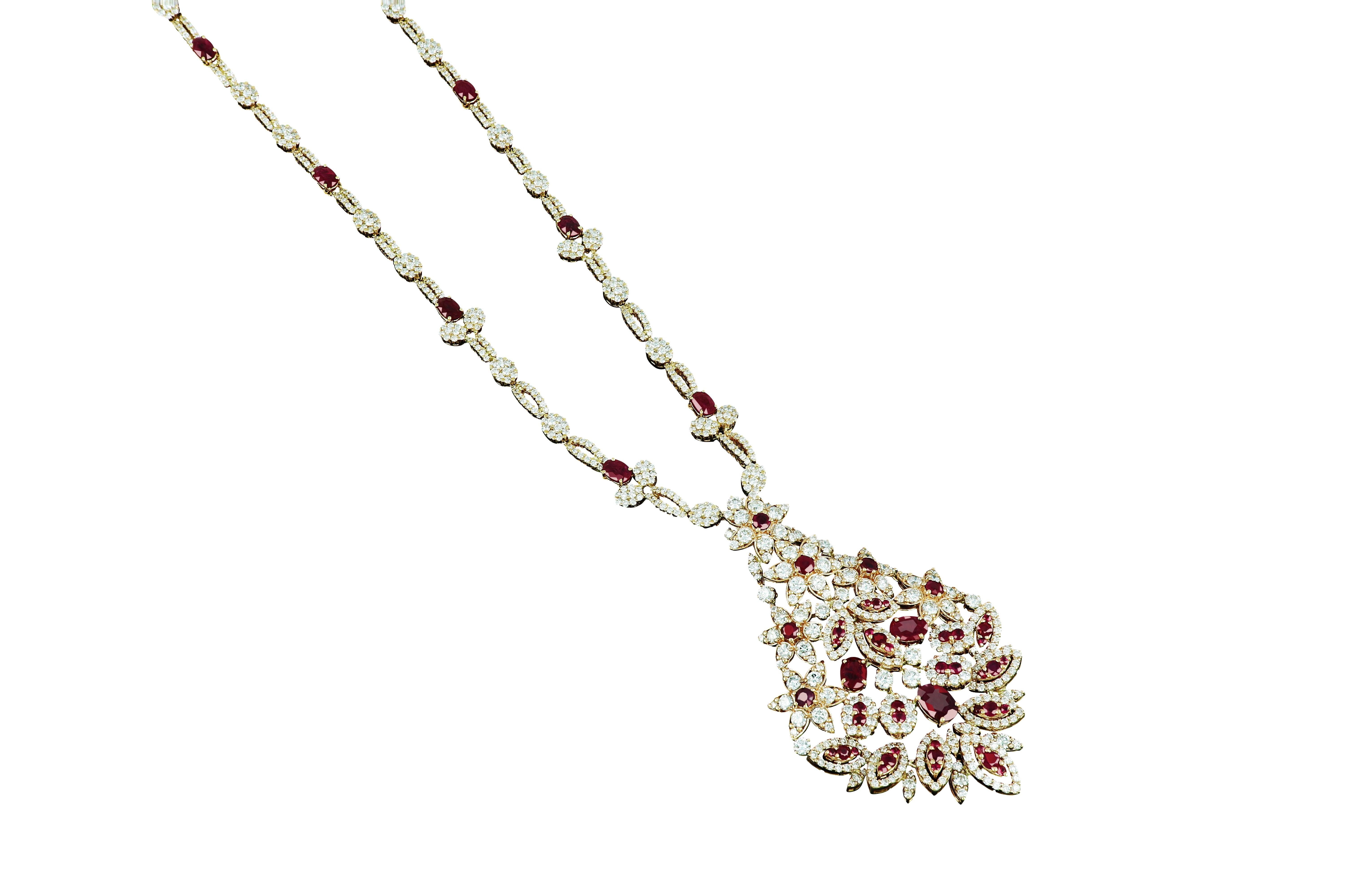 Unique, floral, chic 18K rose gold necklace by Amwaj Jewelry with round shape diamonds which are perfectly, delicately set with Ruby to make a perfect assemble for this necklace.  This finely detailed, geometrical and charming necklace adds a