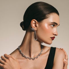Amwaj 18k White Gold Dangling Earring with Baguette and Round Cut Diamonds