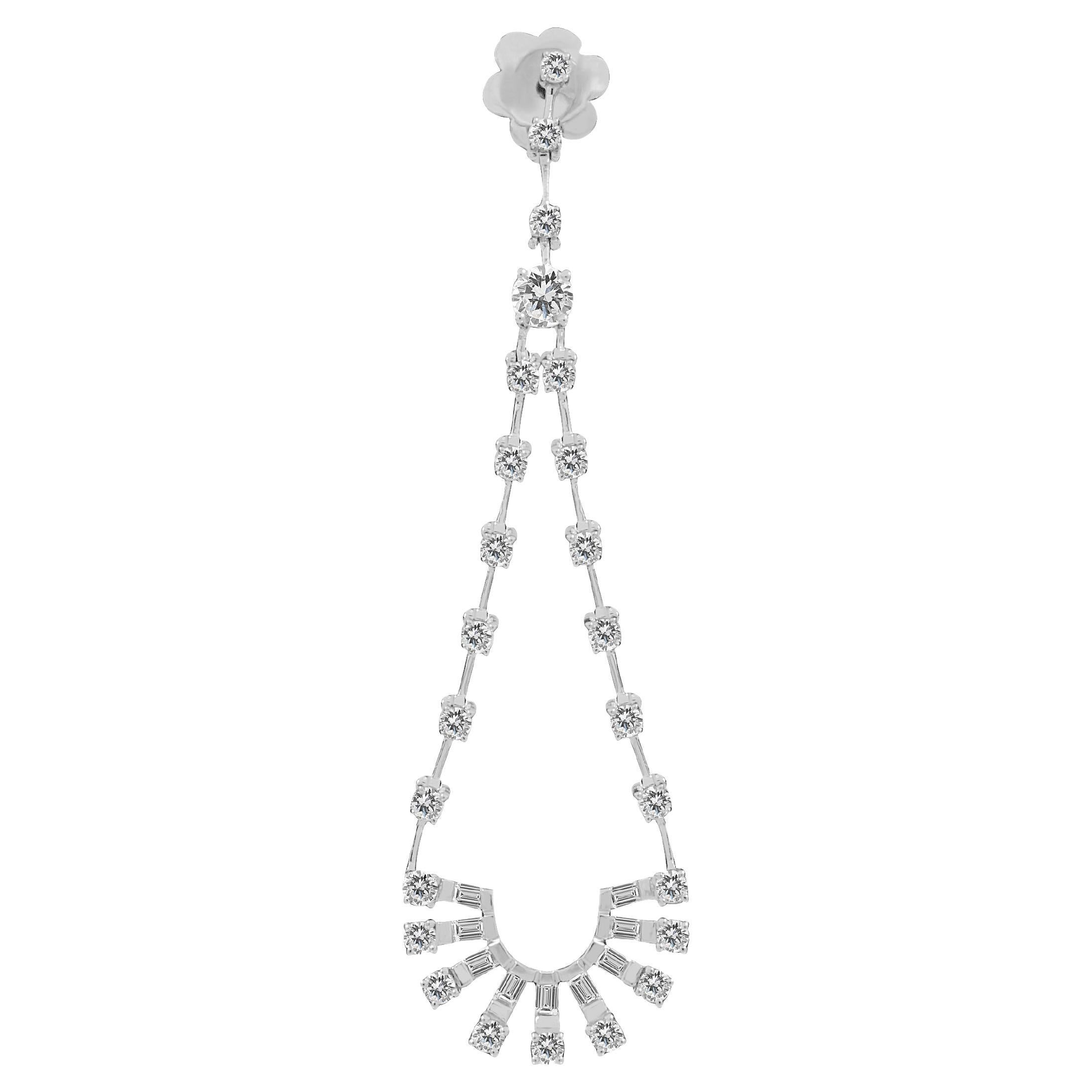 Amwaj 18k White Gold Dangling Earring with Baguette and Round Cut Diamonds For Sale