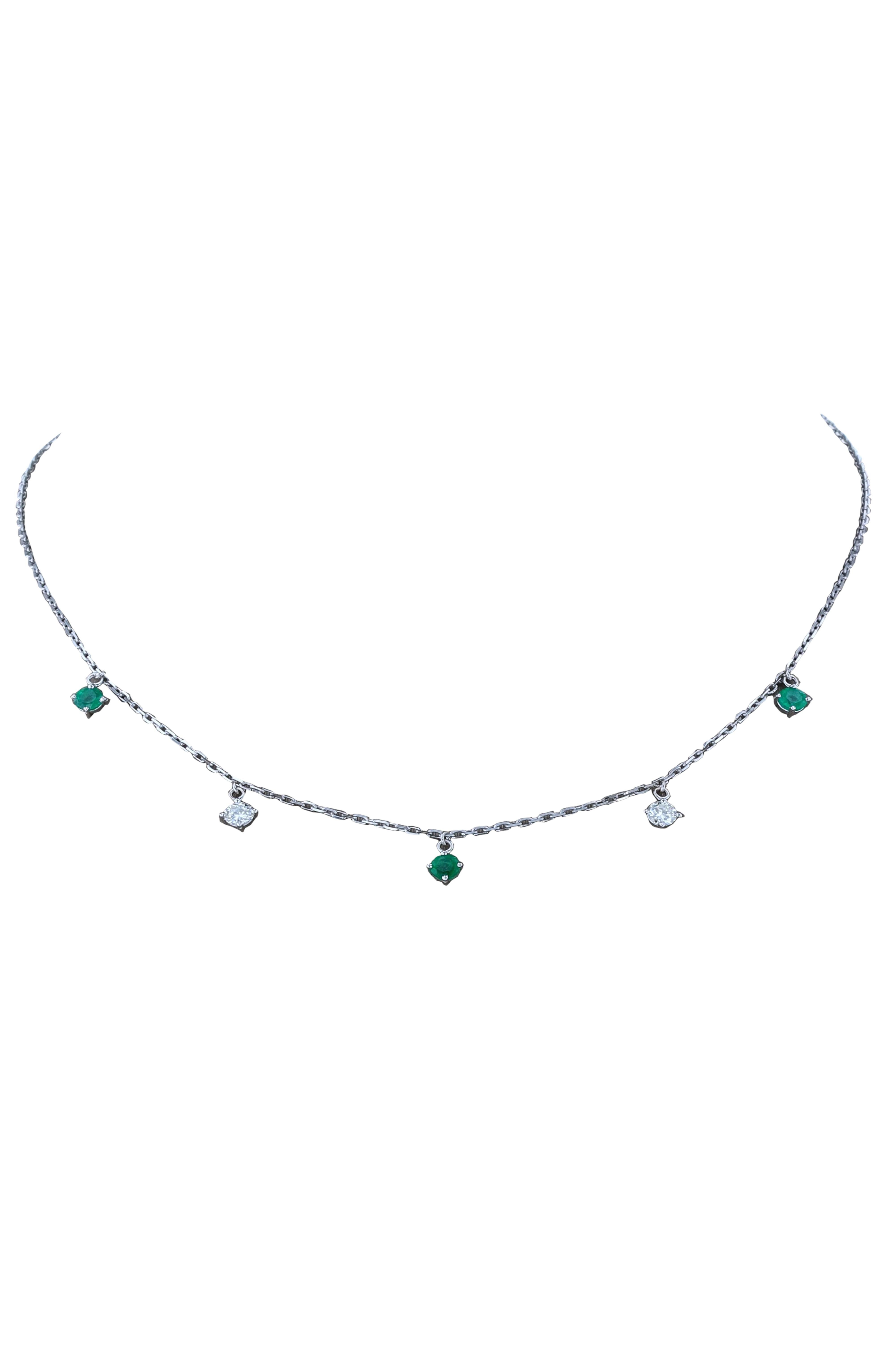 This choker made by Amwaj Jewelry with white gold 18 K, round shape of diamonds and emerald is a perfect choice for casual, fashionable, but in the same time classy look.
Diamond clarity: VS SI / G H color
Diamond weight: 0,36 ct
Emerald weight: