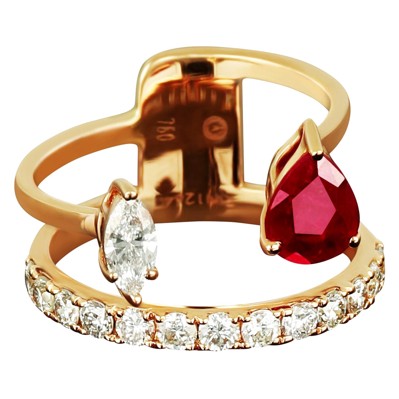 Amwaj Jewellery Bague en or rose 18 carats avec rubis et diamants ronds