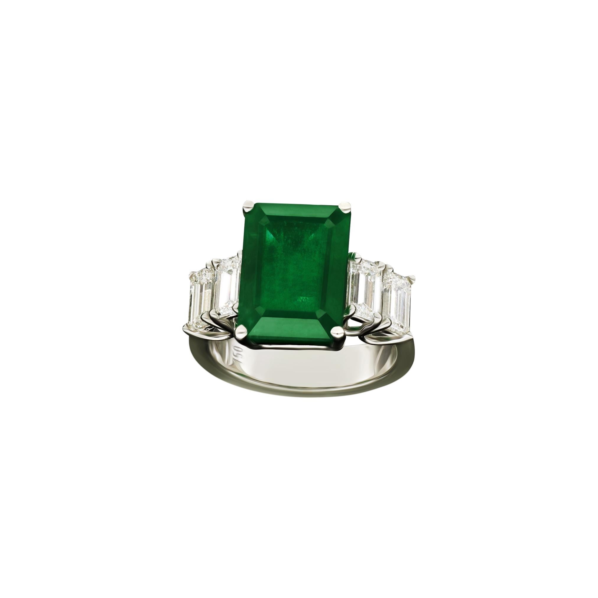 Art Deco Amwaj Jewellery 18 Karat White Gold Ring with Emerald and Diamond For Sale