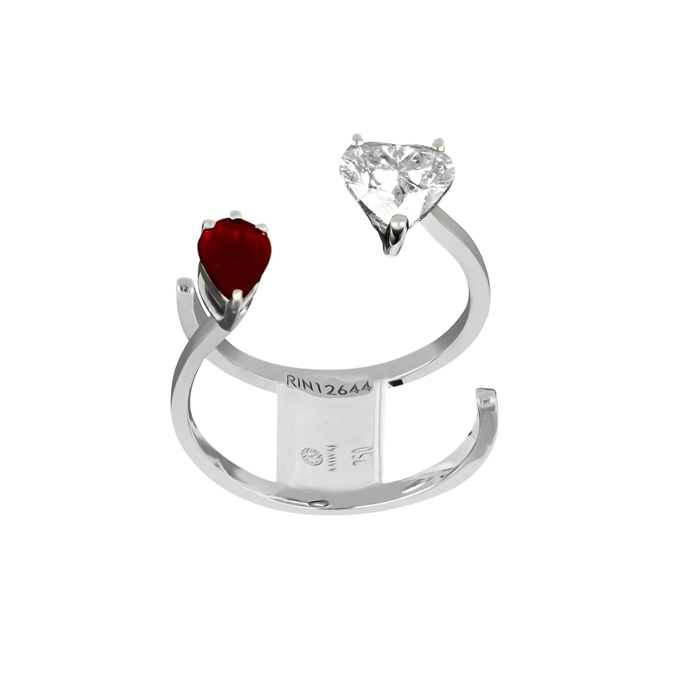 A Classic Beauty, this 18 karat white gold ring by Amwaj jewellery presents the lovers’ promise of a future together featuring heart shape diamond that sit ever so beautifully and is enhanced by the pear ruby.
Diamonds (Total Carat Weight: 0.91 ct)