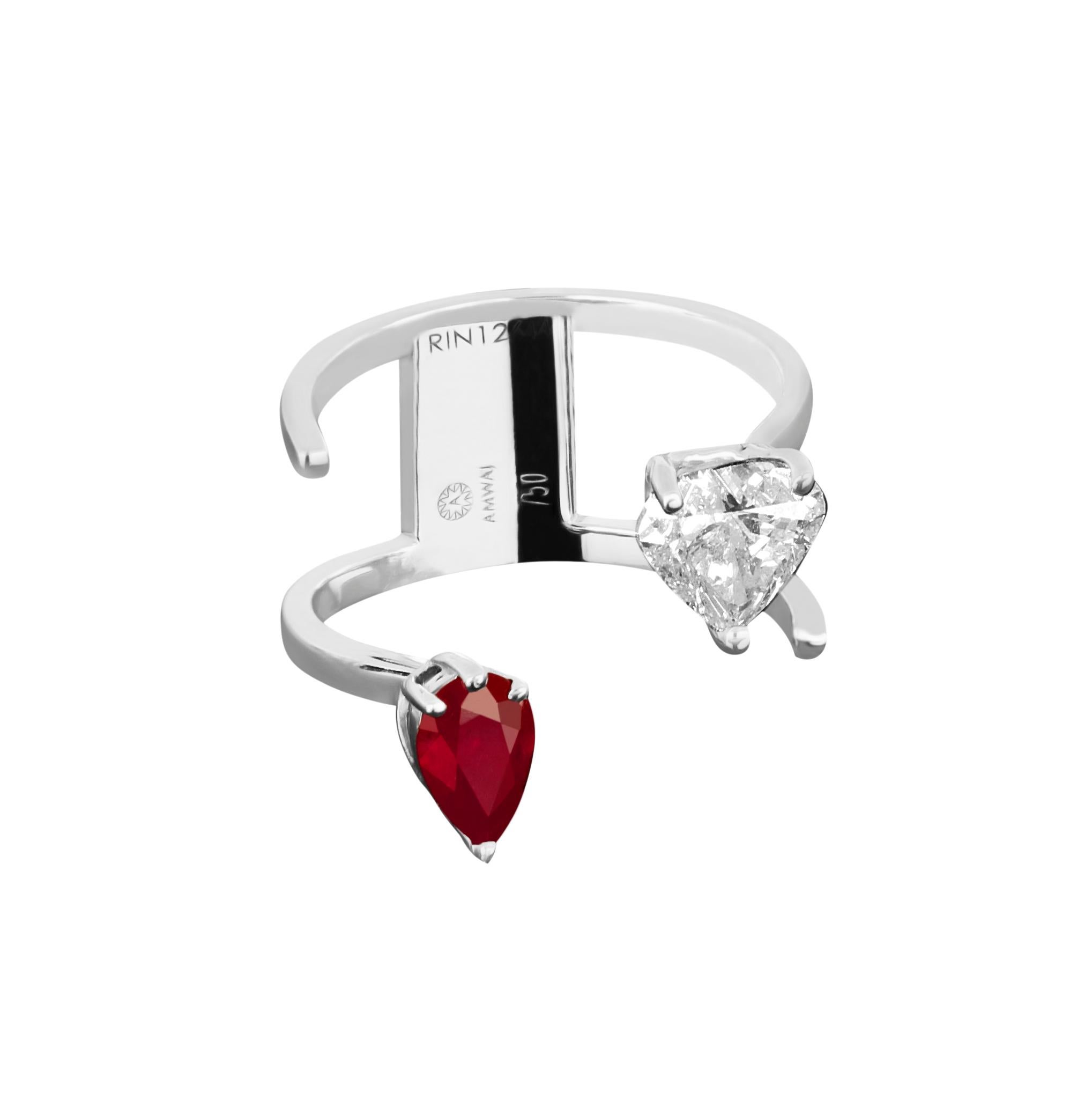 Contemporary Amwaj Jewellery 18 Karat White Gold Ring with Ruby and Heart Cut Diamond For Sale