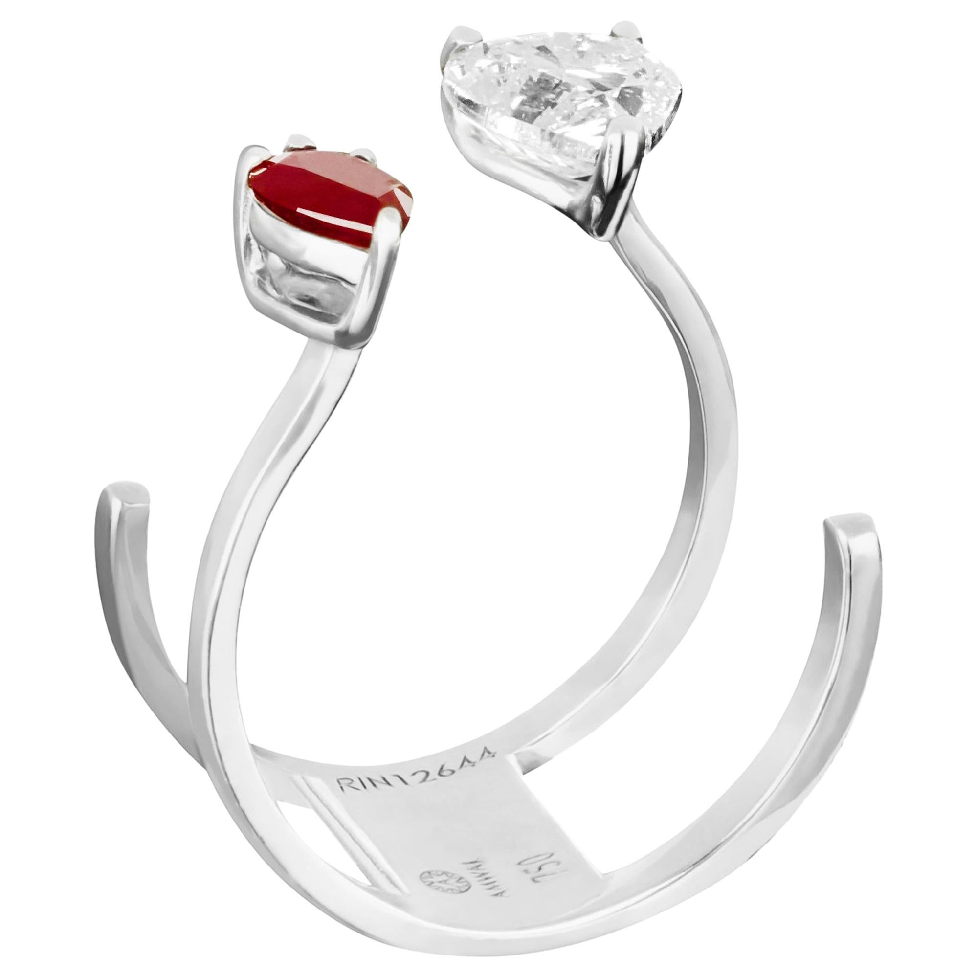 Amwaj Jewellery 18 Karat White Gold Ring with Ruby and Heart Cut Diamond For Sale