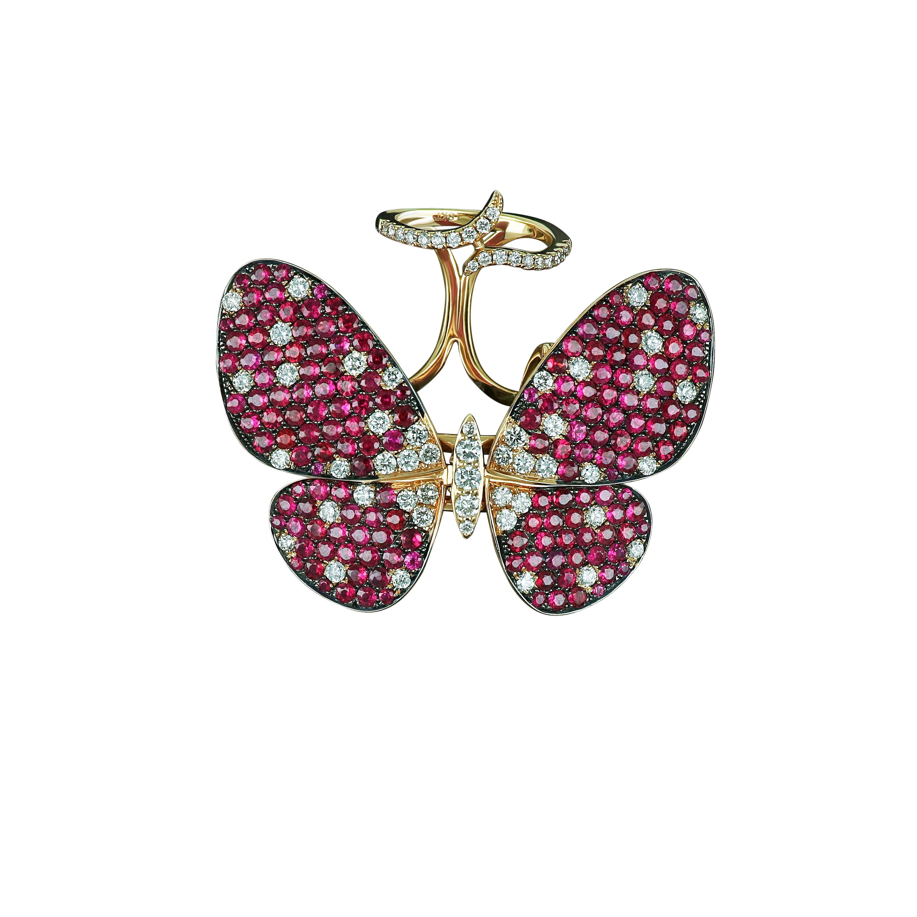 Amwaj Jewellery 18 Karat Roségold Schmetterlingsring mit Rubin und Diamanten (Rundschliff) im Angebot