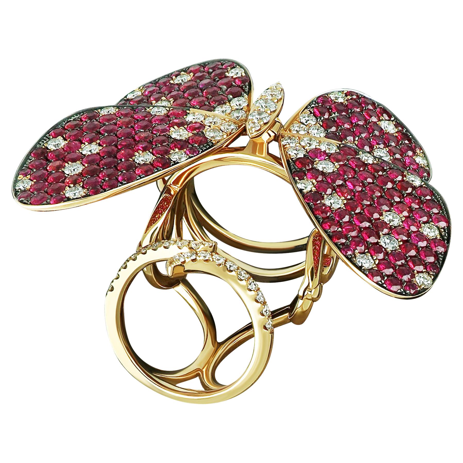 Amwaj Jewellery 18 Karat Roségold Schmetterlingsring mit Rubin und Diamanten im Angebot